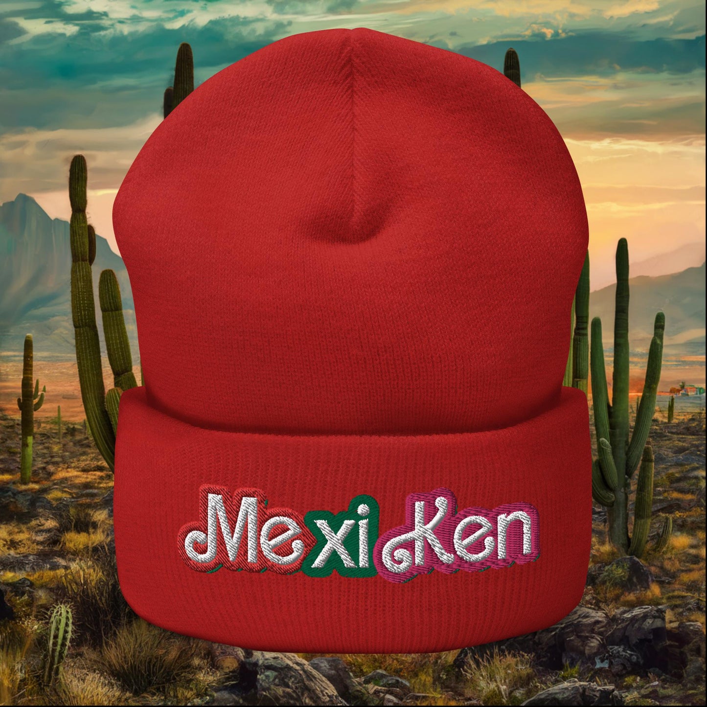 MexiKen Ken Barbie Mexico Mexican Mexicana Latino Latina Latinx Cuffed Beanie Red Hats Barbie Ken Mexico Movies Next Cult Brand