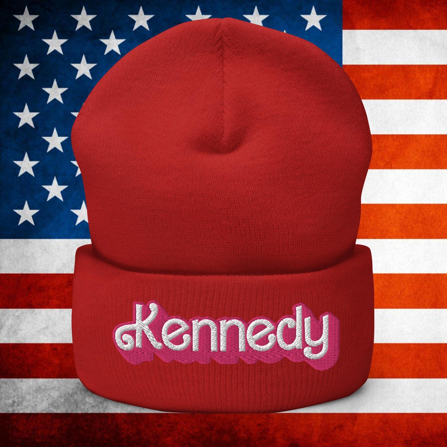 Kennedy JFK Conspiracy Ken Barbie Cuffed Beanie Red Hats Barbie Democrats JFK Ken Politics Next Cult Brand