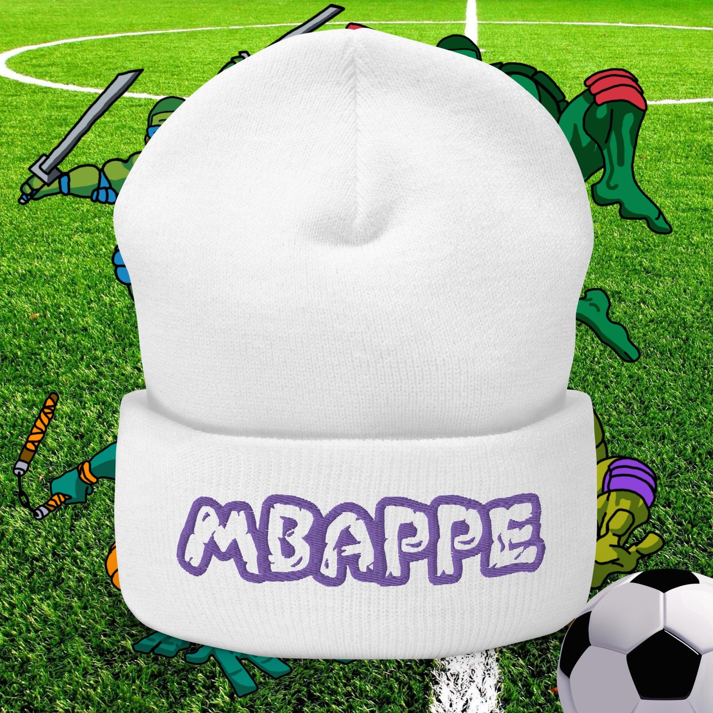 Kylian Mbappe Ninja Turtles Real Madrid Soccer Football Cuffed Beanie White Hats Football Kylian Mbappe PSG Real Madrid Next Cult Brand