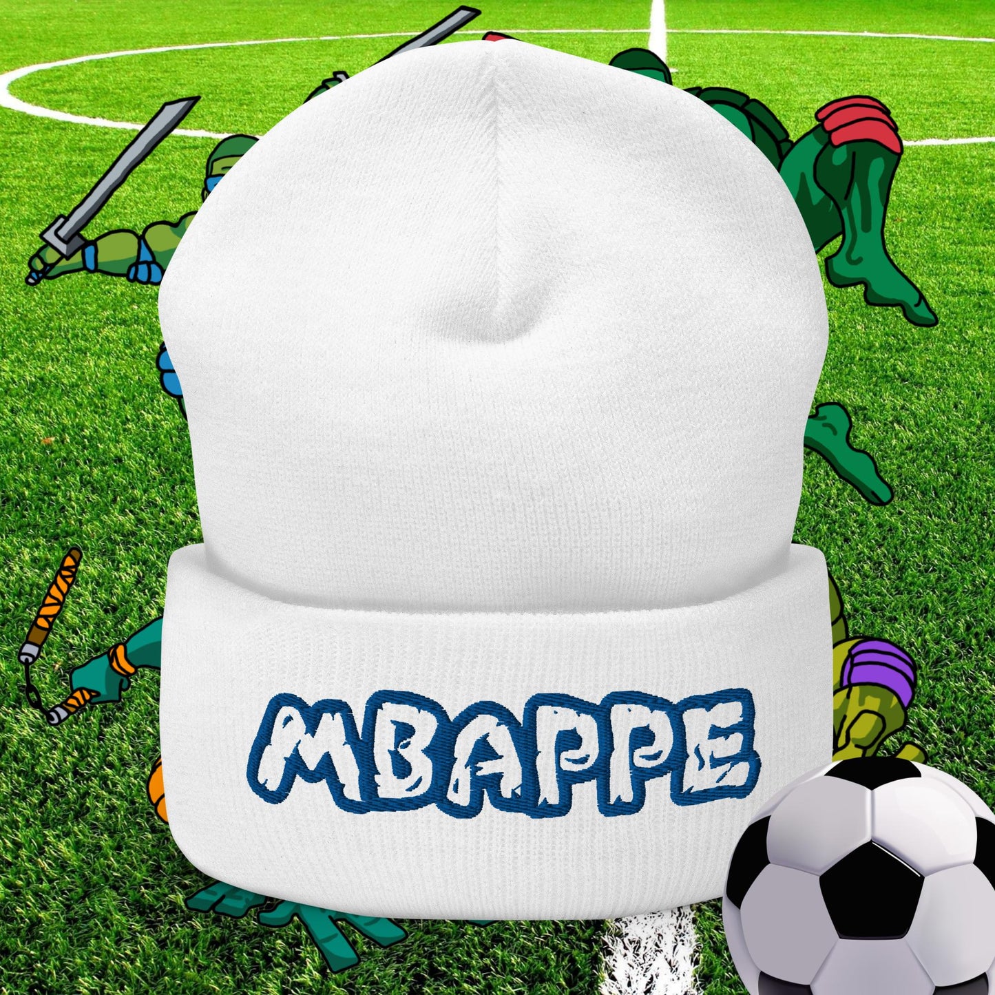Kylian Mbappe Ninja Turtles Real Madrid Soccer Football Cuffed Beanie White Hats Football Kylian Mbappe PSG Real Madrid Next Cult Brand