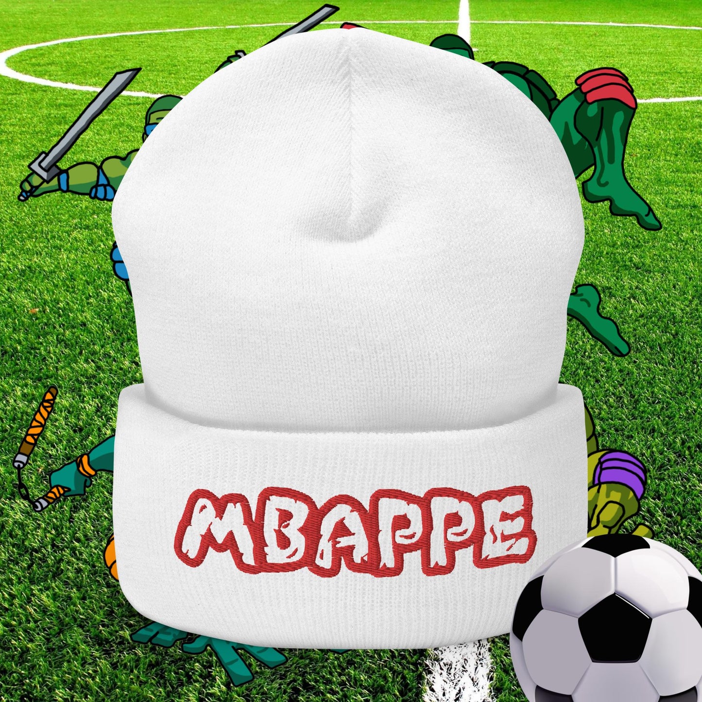 Kylian Mbappe Ninja Turtles Real Madrid Soccer Football Cuffed Beanie White Hats Football Kylian Mbappe PSG Real Madrid Next Cult Brand