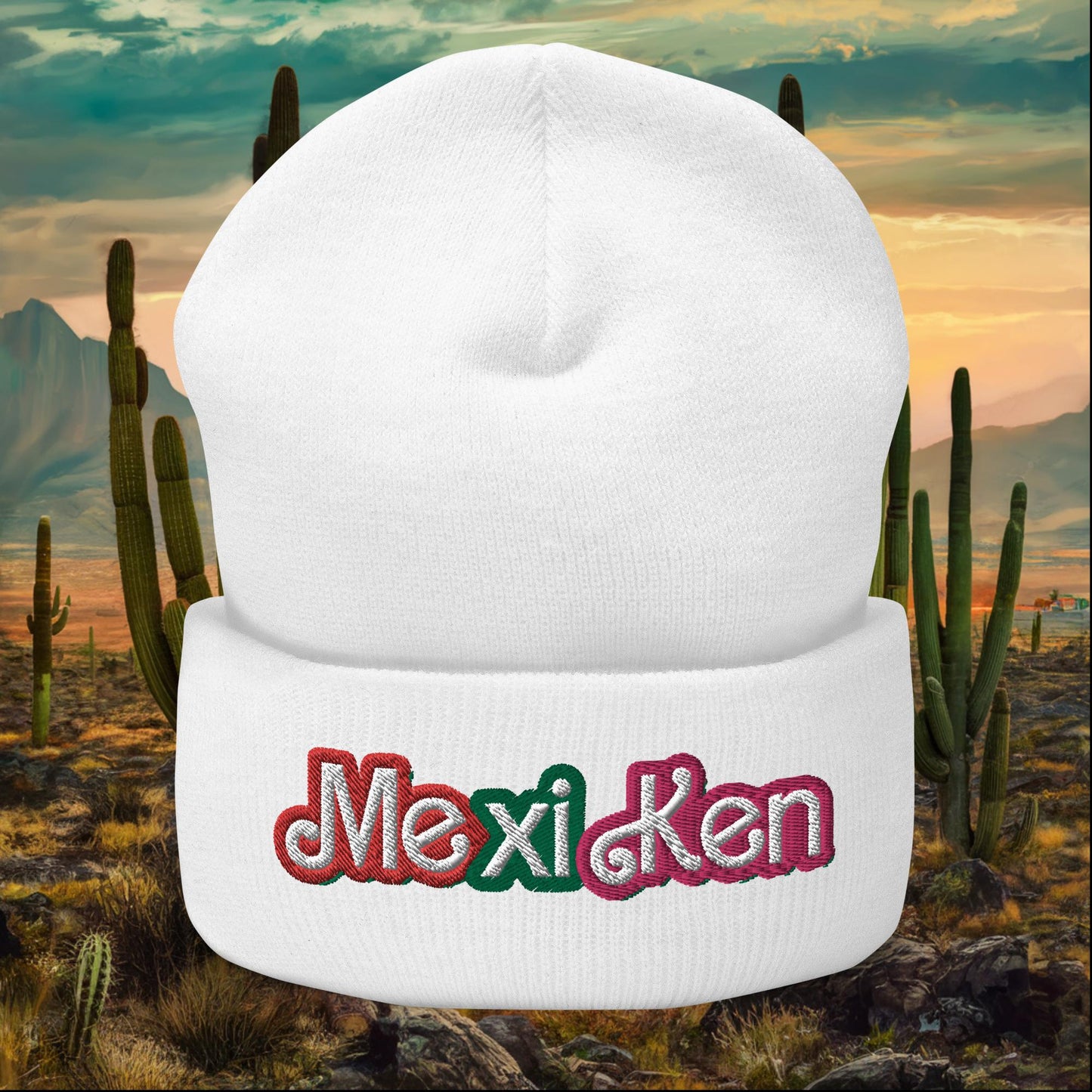 MexiKen Ken Barbie Mexico Mexican Mexicana Latino Latina Latinx Cuffed Beanie White Hats Barbie Ken Mexico Movies Next Cult Brand