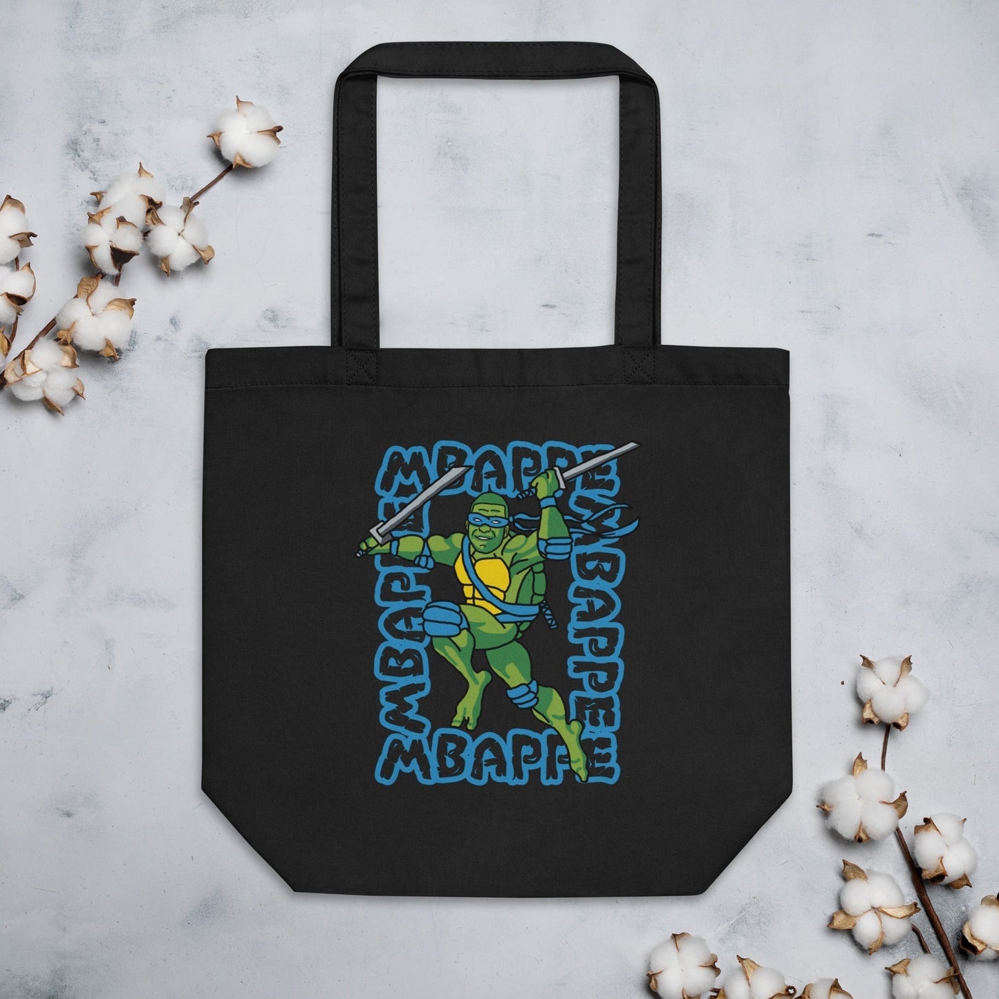 Kylian Mbappe Blue Ninja Turtle Leonardo Eco Tote Bag Black Bags Football Kylian Mbappe Ninja Turtles PSG Real Madrid Next Cult Brand