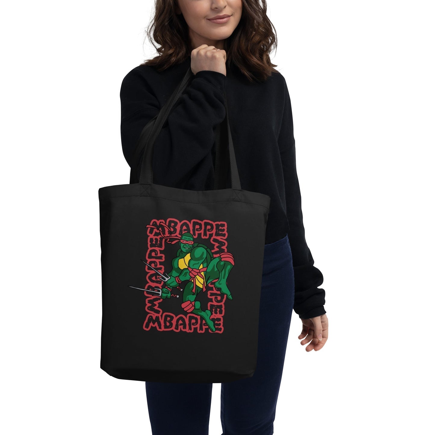 Kylian Mbappe Red Ninja Turtle Raphael Eco Tote Bag Black Bags Football Kylian Mbappe Ninja Turtles PSG Real Madrid Next Cult Brand