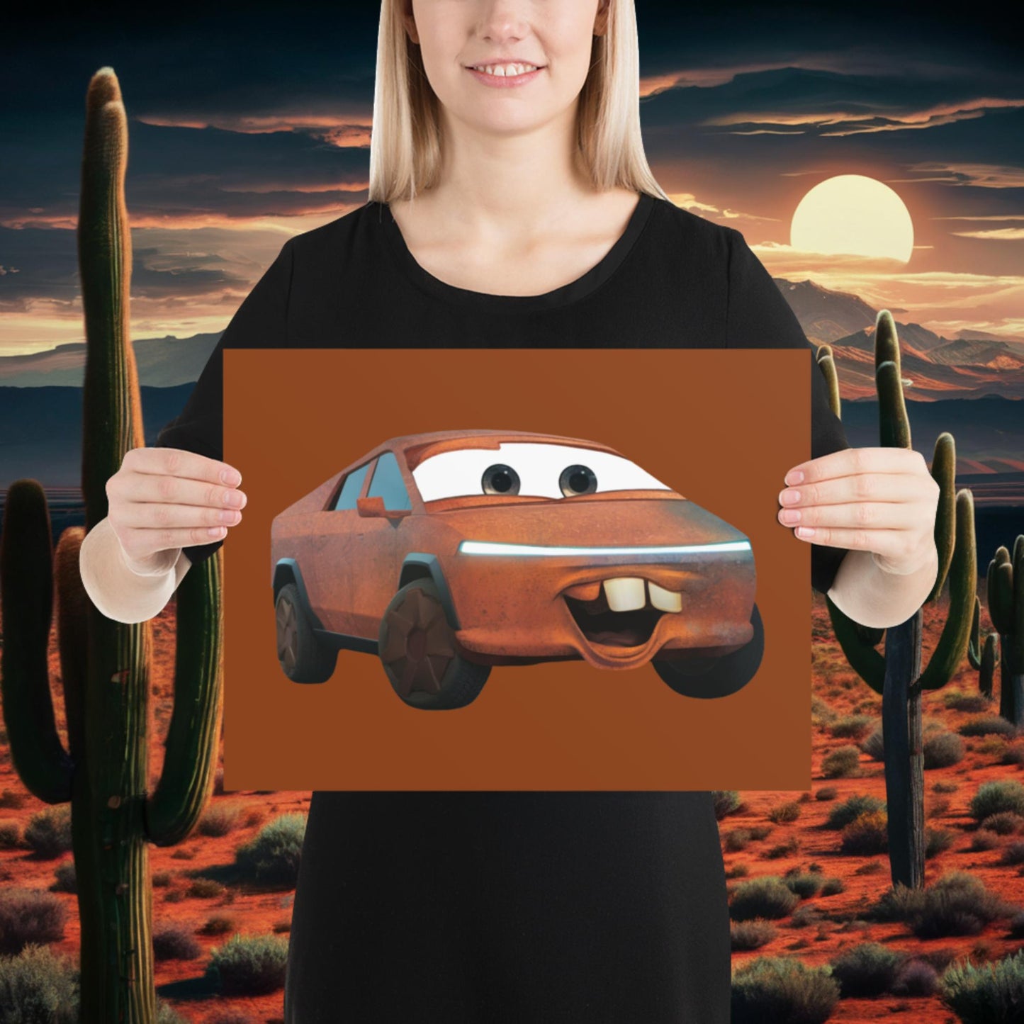 Rusty Tesla Cybertruck Elon Musk Cars Movie Tow Mater Poster 12″×16″ Posters Cars Movie Celebrities Cybertruck Elon Musk Movies Tesla Next Cult Brand
