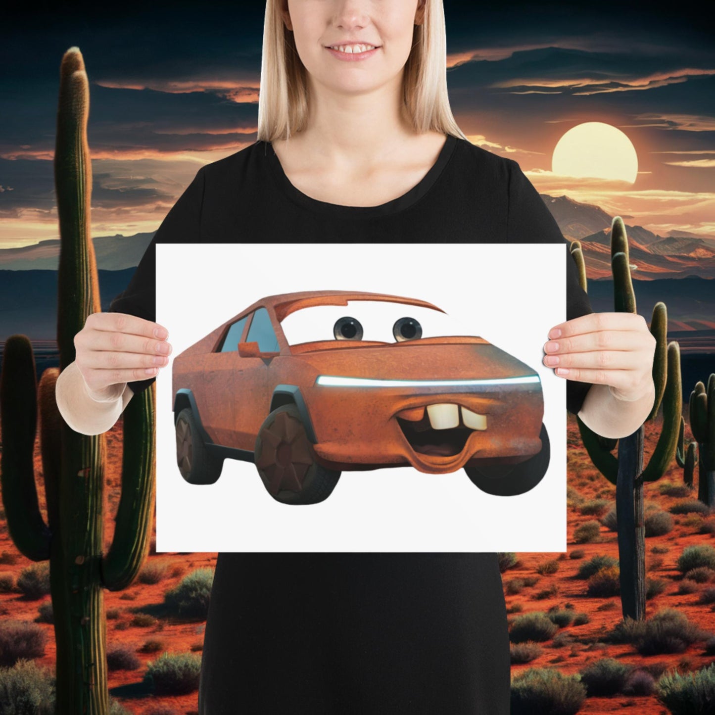 Rusty Tesla Cybertruck Elon Musk Cars Movie Tow Mater Poster 12″×16″ Posters Cars Movie Celebrities Cybertruck Elon Musk Movies Tesla Next Cult Brand