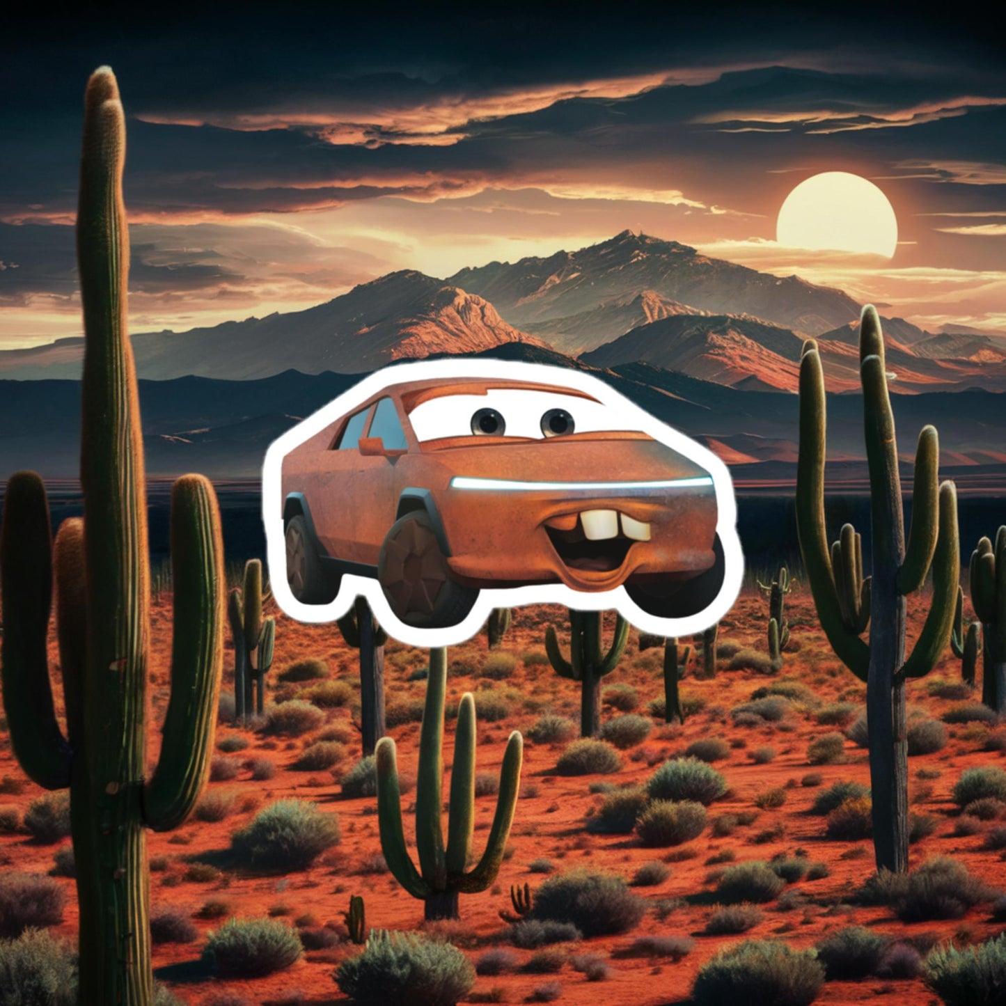 Rusty Tesla Cybertruck Elon Musk Cars Movie Tow Mater Bubble-free stickers 3″×3″ Stickers Cars Movie Celebrities Cybertruck Elon Musk Movies Tesla Next Cult Brand