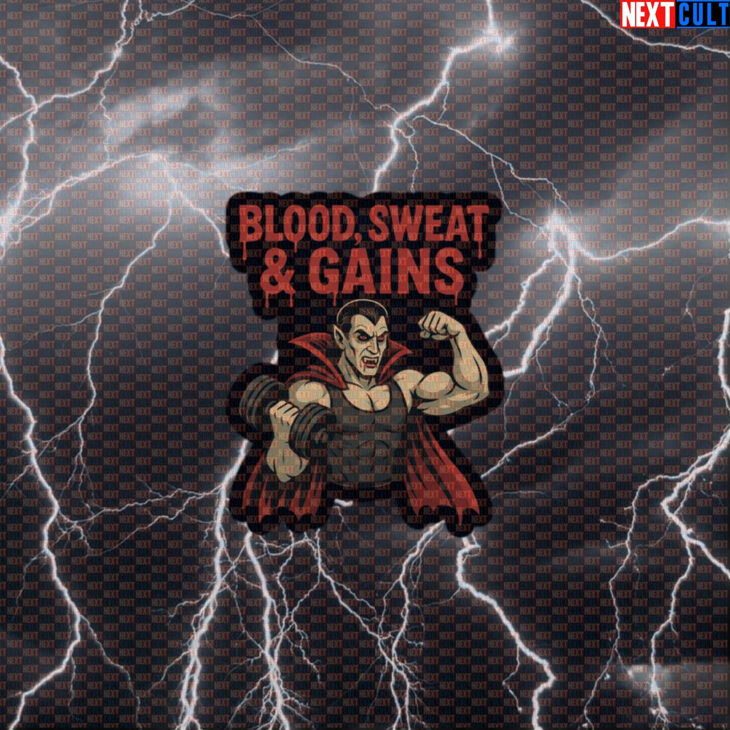 Blood Sweat & Gains Dracula Gym Sticker | Funny Vampire Workout Decal for Lifters Default Title Stickers Bodybuilding Films Fitness Gym Halloween Workout Next Cult Brand