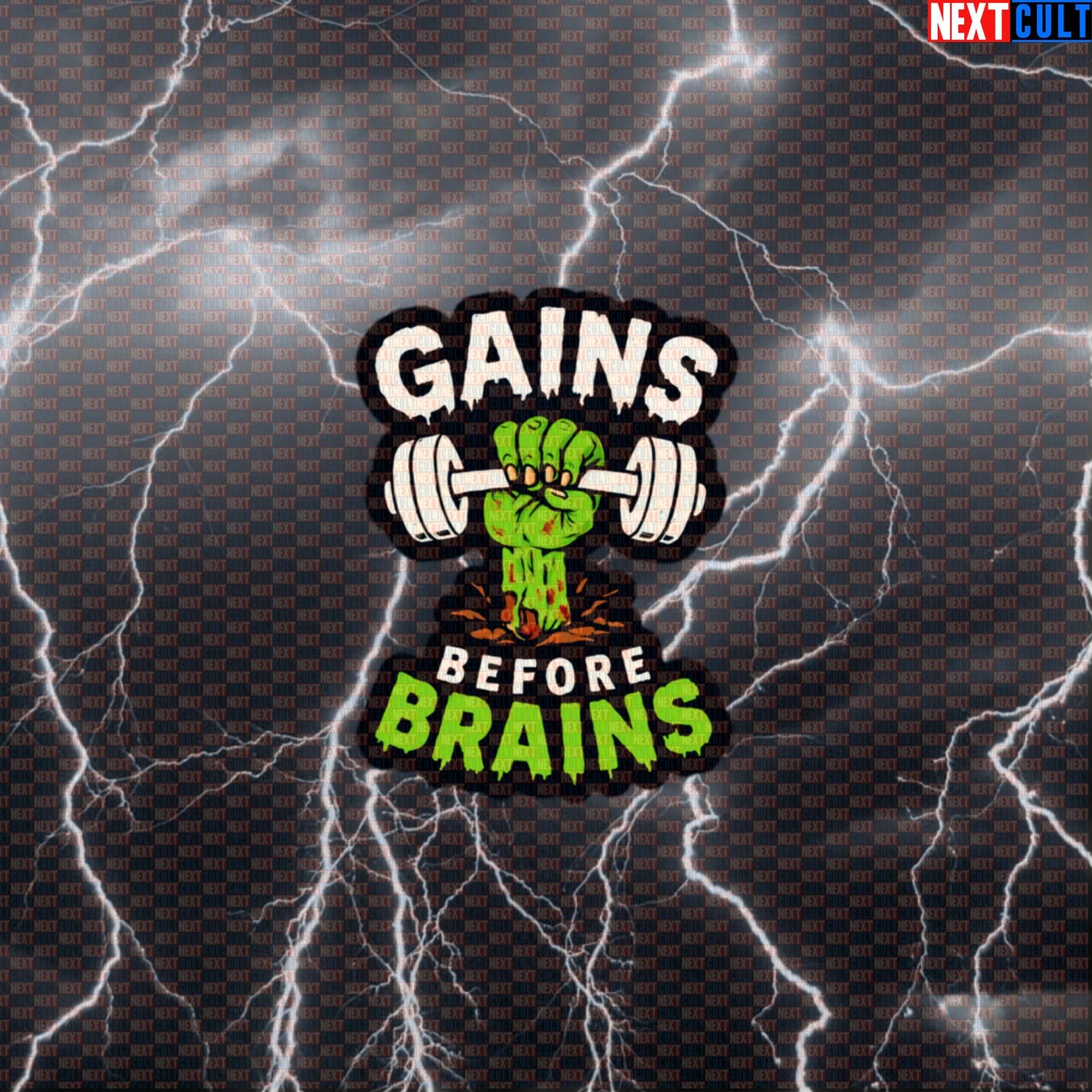 Gains Before Brains Gym Sticker | Zombie Workout Decal | Funny Bodybuilding Meme Sticker Default Title Stickers Bodybuilding Fitness Gym Halloween Workout Zombie Next Cult Brand
