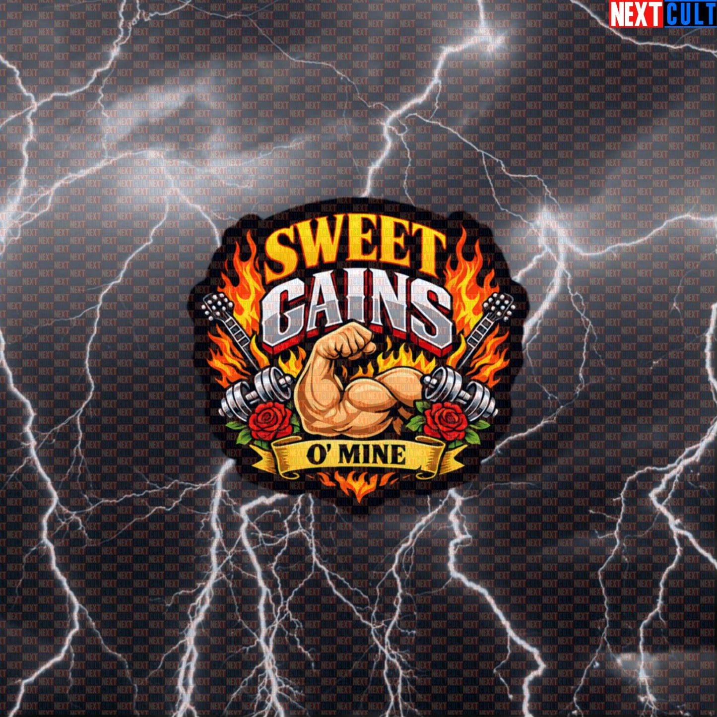 Sweet Gains O' Mine Funny Gym Sticker – Rock Music Fitness Decal for Bodybuilding, Powerlifting, Lifting Memes & Gymbro Humor Default Title Stickers Bodybuilding Fitness Guns N' Roses Gym Powerlifting Rock Music Workout Next Cult Brand