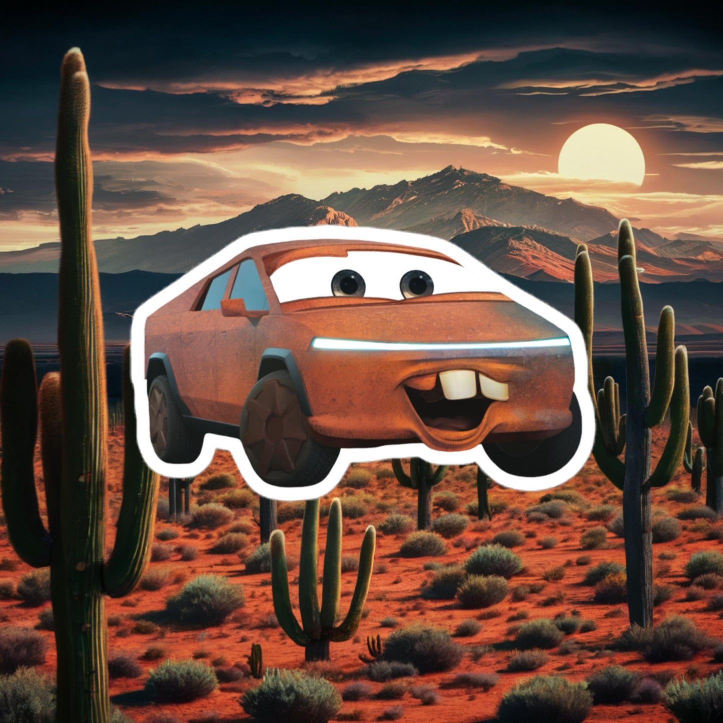 Rusty Tesla Cybertruck Elon Musk Cars Movie Tow Mater Bubble-free stickers 4″×4″ Stickers Cars Movie Celebrities Cybertruck Elon Musk Movies Tesla Next Cult Brand