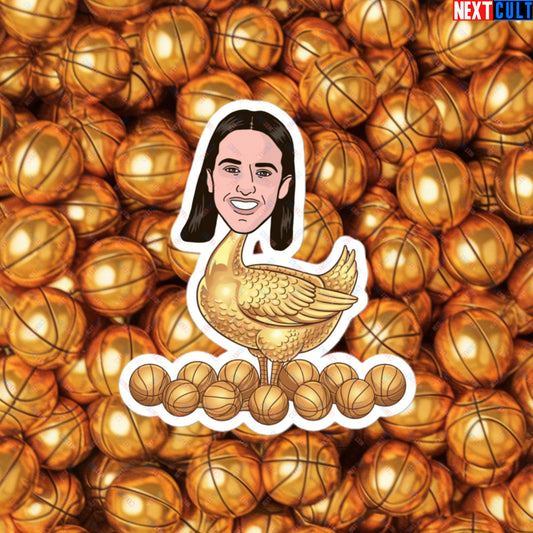 Caitlin Clark Golden Goose Sticker - Funny WNBA Indiana Fever Basketball Meme Decal - Golden Basketball Laying Goose Design for Fans - Perfect Gift for Basketball Lovers Bubble-free stickers 4″×4″ Stickers Basketball Caitlin Clark Indiana Fever WNBA Next Cult Brand