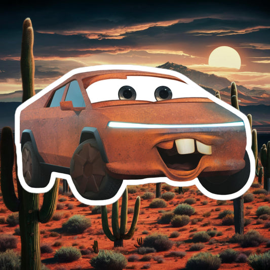 Rusty Tesla Cybertruck Elon Musk Cars Movie Tow Mater Bubble-free stickers 5.5″×5.5″ Stickers Cars Movie Celebrities Cybertruck Elon Musk Movies Tesla Next Cult Brand