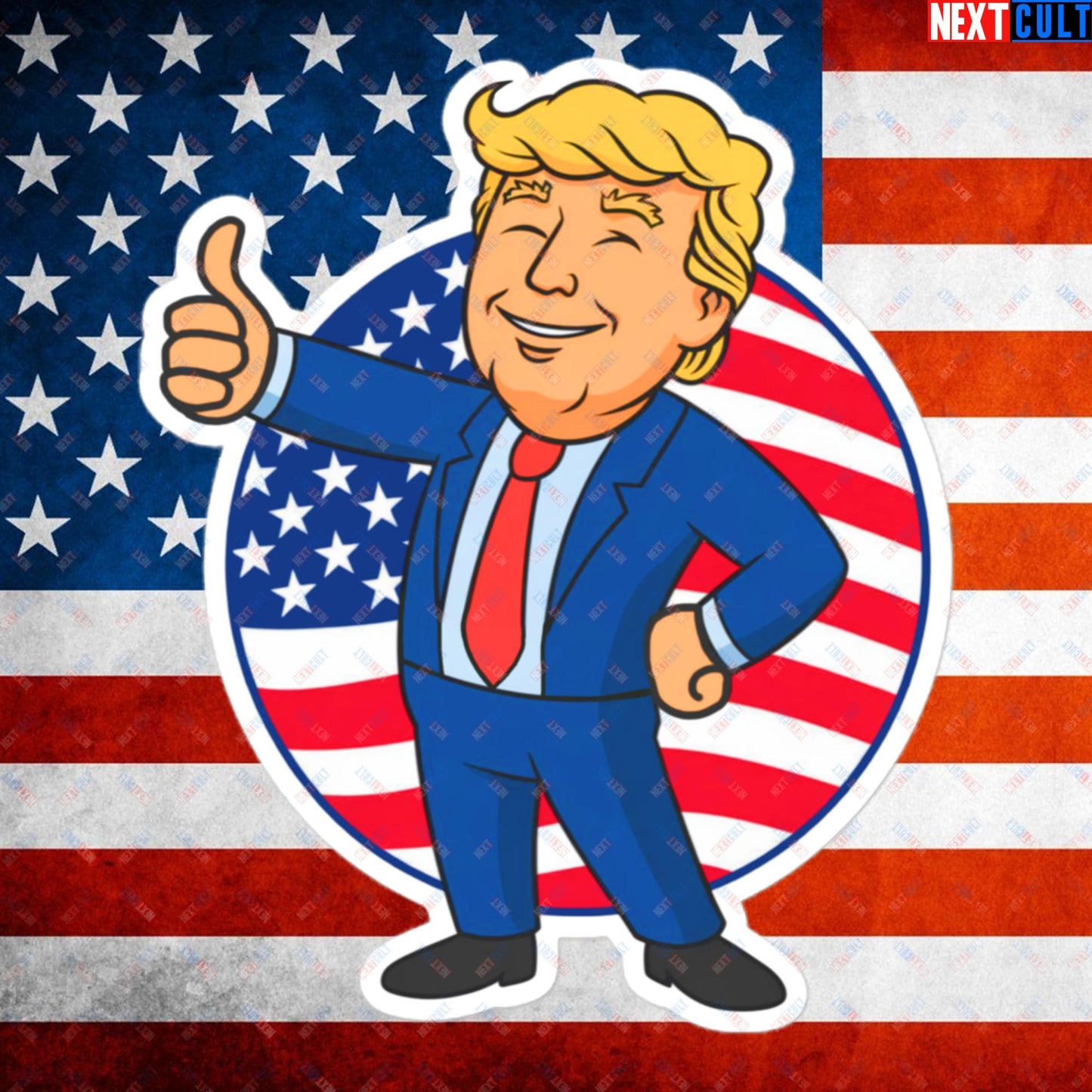 President Boy Donald Trump Politics Vault Boy Fallout Funny Meme Cartoon Mashup Bubble-free stickers 5.5″×5.5″ Stickers Donald Trump Fallout Politics Republicans Vault Boy Next Cult Brand