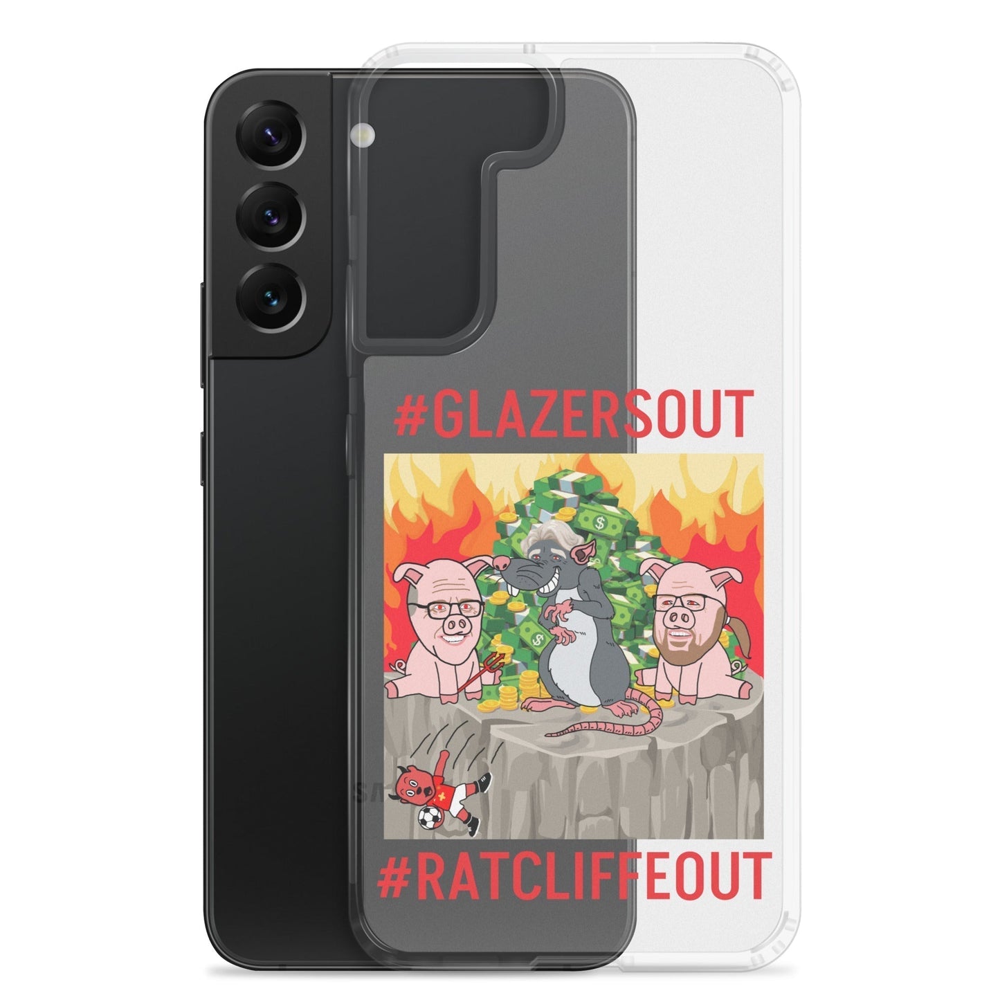 Next Cult Brand Manchester United phone case with protest design featuring #GLAZERSOUT and #RATCLIFFEOUT text