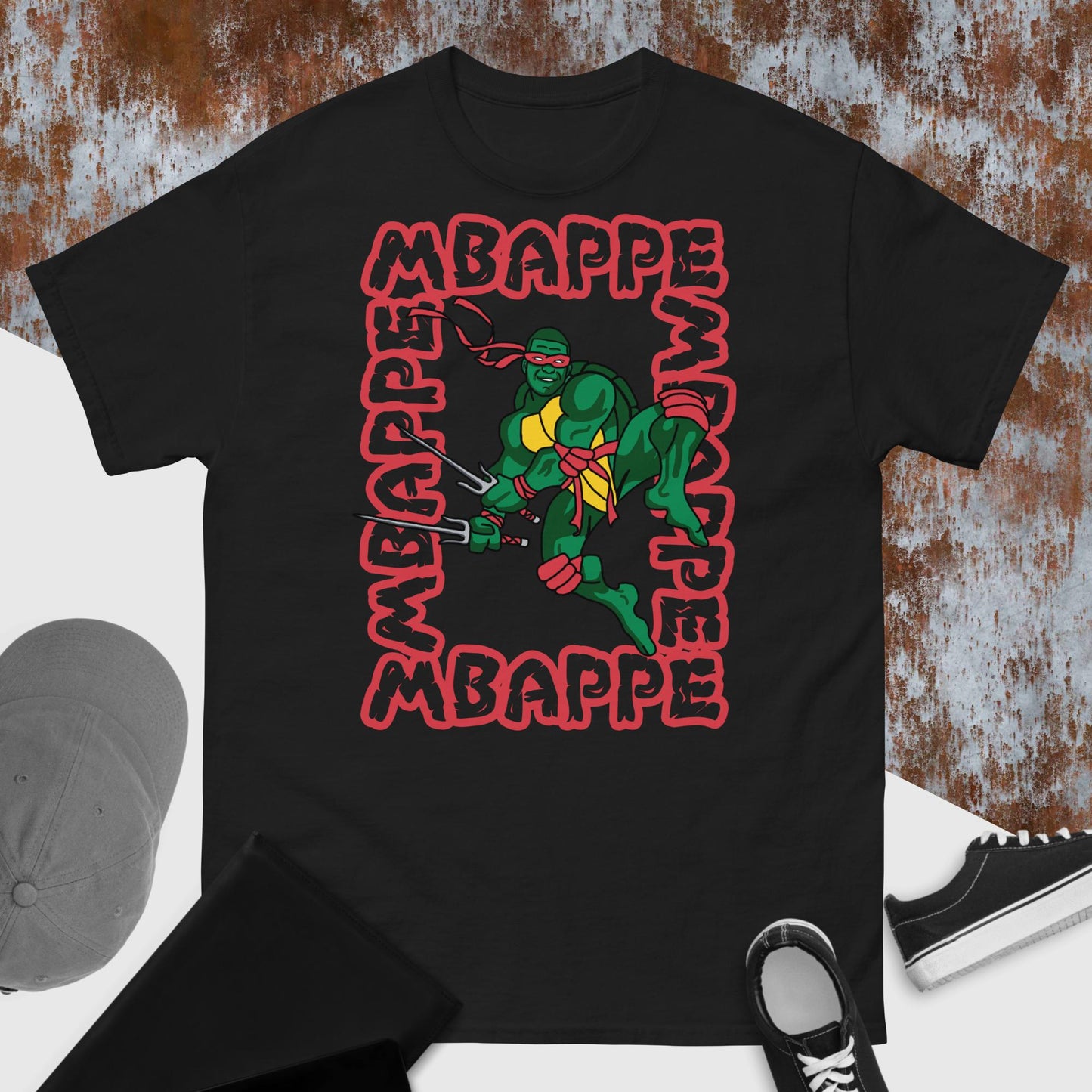 Kylian Mbappe Red Ninja Turtle Raphael Men's classic tee Black T-shirts Football Kylian Mbappe Ninja Turtles PSG Real Madrid Next Cult Brand