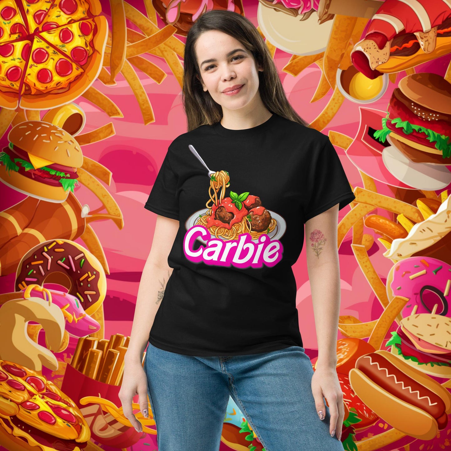 Carbie Barbie I Love Pasta I Love Carbs tee Black T-shirts Barbie Carbie Fast Food Fitness Gym Ken Movies Pump Cover Workout Next Cult Brand