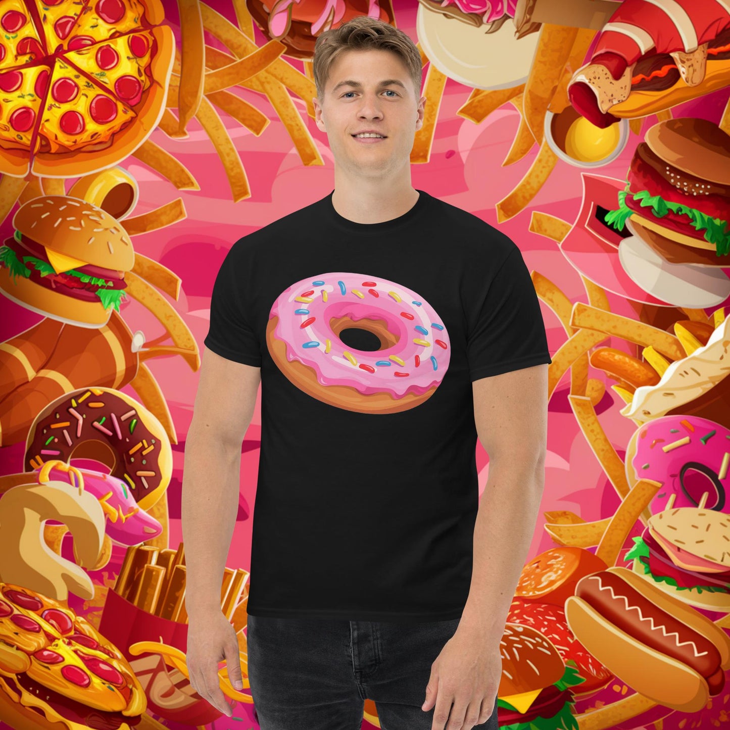 Pink Donut with sprinkles tee Black T-shirts Donuts Fast Food Fitness Gym Pump Cover Workout Next Cult Brand