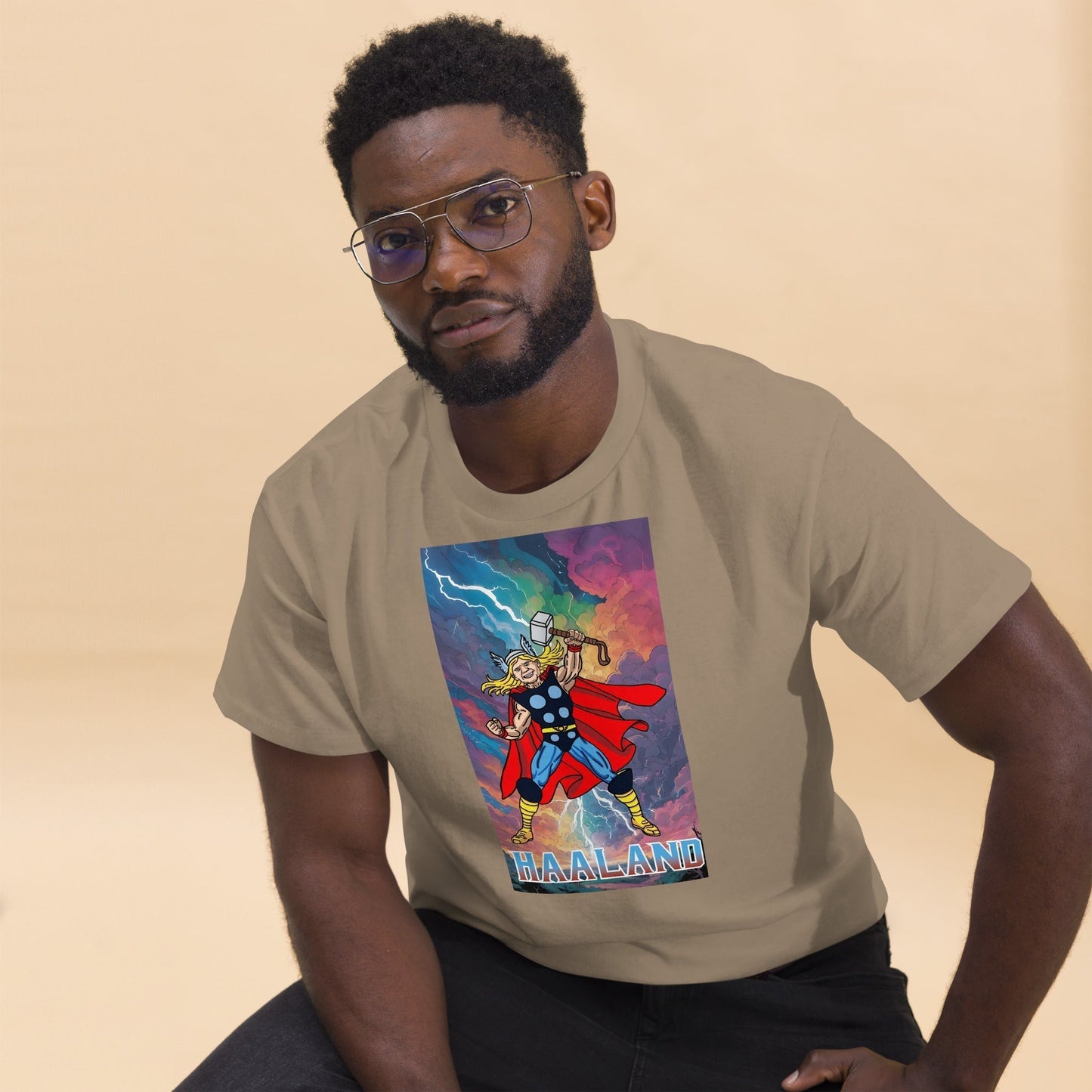 Erling Haaland Thor Avenger Manchester City Funny Football/ Soccer Meme Men's classic tee Brown Savana T-shirts Erling Haaland Football Manchester City Thor Next Cult Brand
