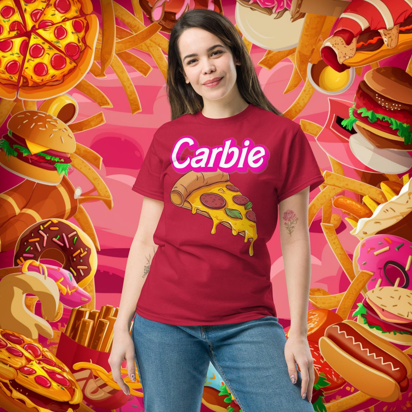 Carbie Barbie I Love Carbs I Love Pizza tee Cardinal T-shirts Barbie Carbie Fast Food Ken Movies Pizza Next Cult Brand