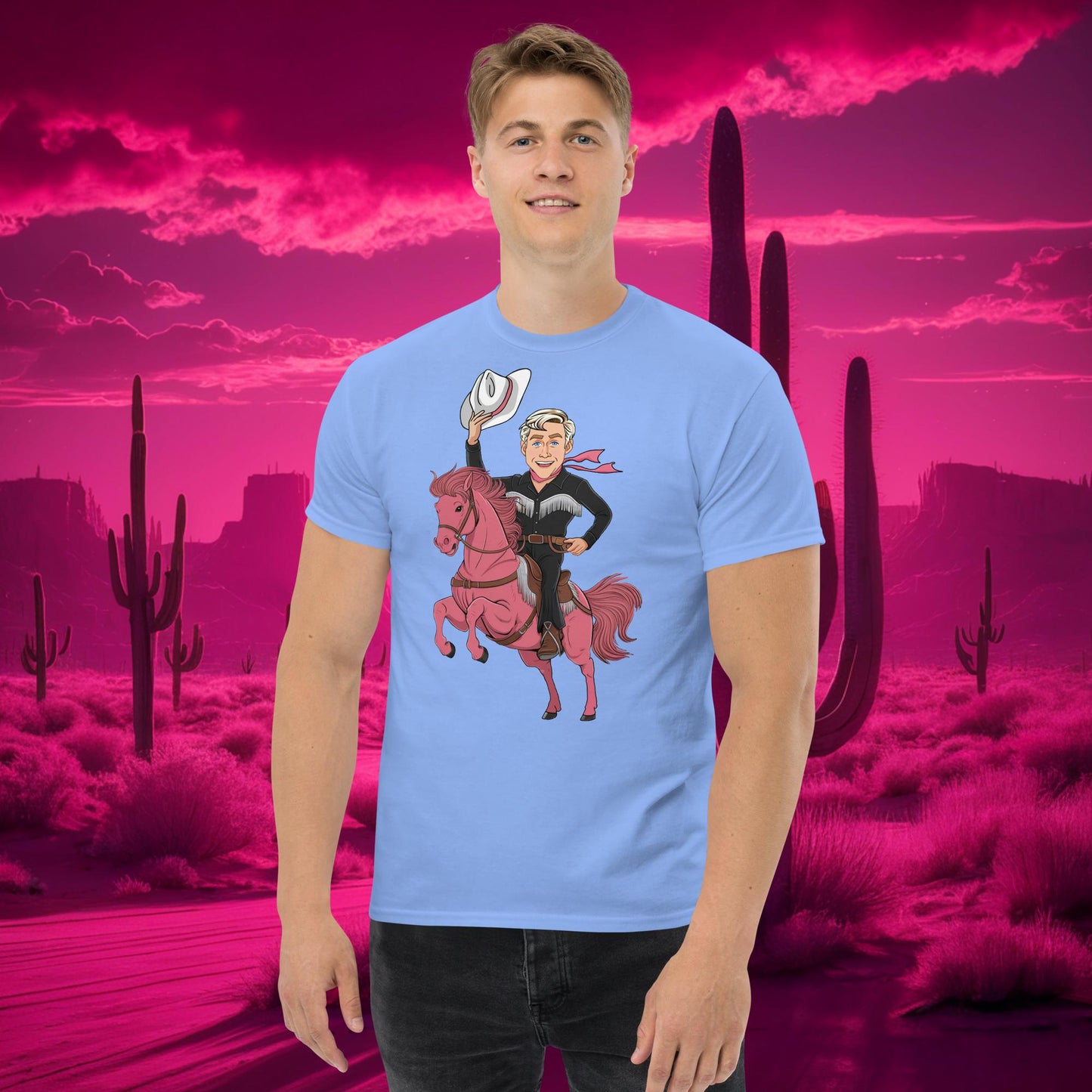 Ryan Gosling Ken Cowboy Horse Barbie Movie Patriarchy tee Carolina Blue T-shirts Barbie Celebrities Ken Movies Ryan Gosling Next Cult Brand