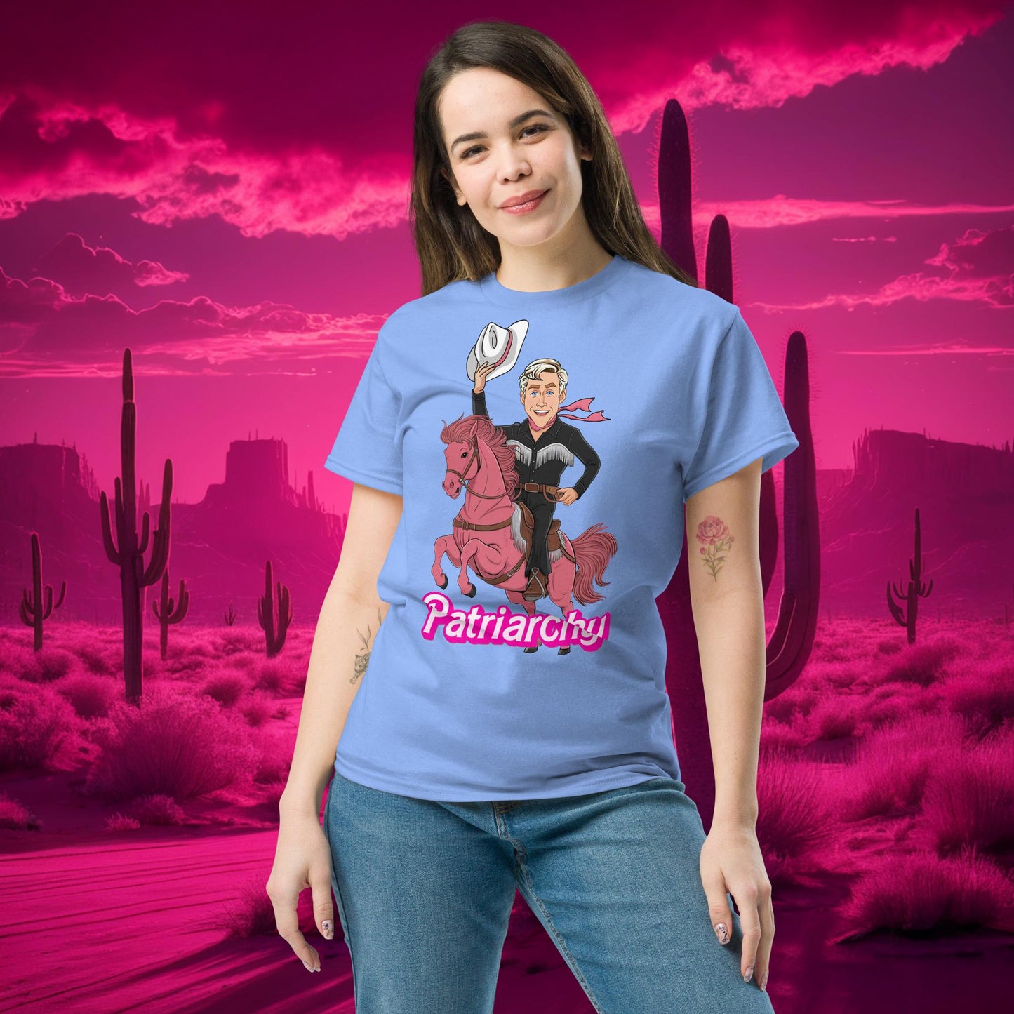 Ken Barbie Movie When I found out the patriarchy wasn't just about horses, I lost interest tee Carolina Blue T-shirts Barbie Celebrities Ken Movies Ryan Gosling Next Cult Brand