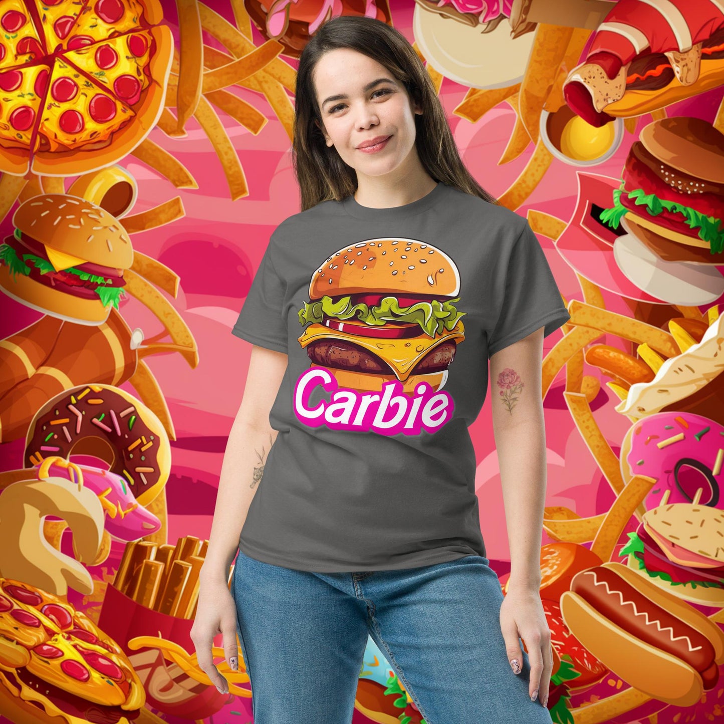Carbie Barbie Cheeseburger tee Charcoal T-shirts Barbie Burgers Carbie Fast Food Movies Next Cult Brand