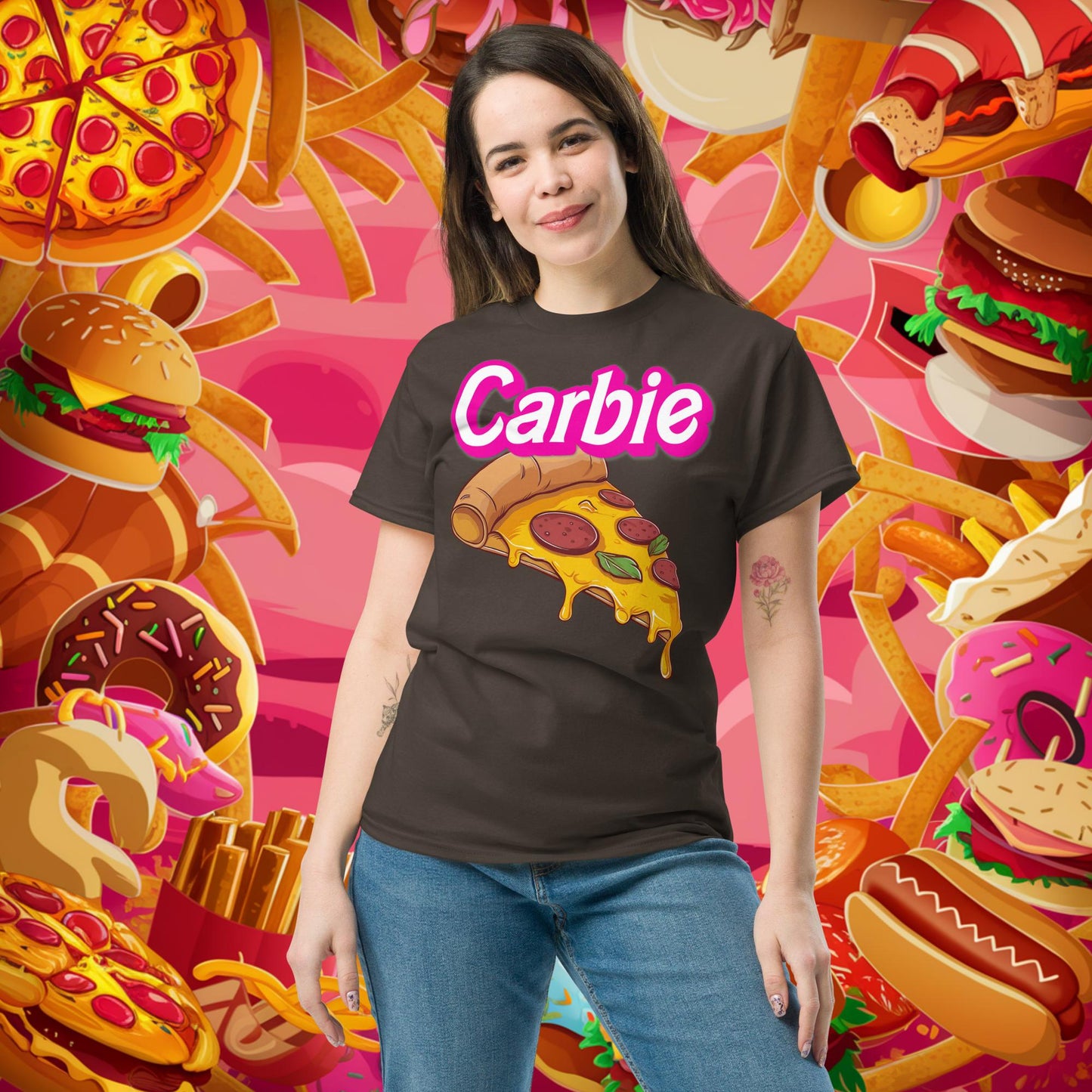 Carbie Barbie I Love Carbs I Love Pizza tee Dark Chocolate T-shirts Barbie Carbie Fast Food Ken Movies Pizza Next Cult Brand