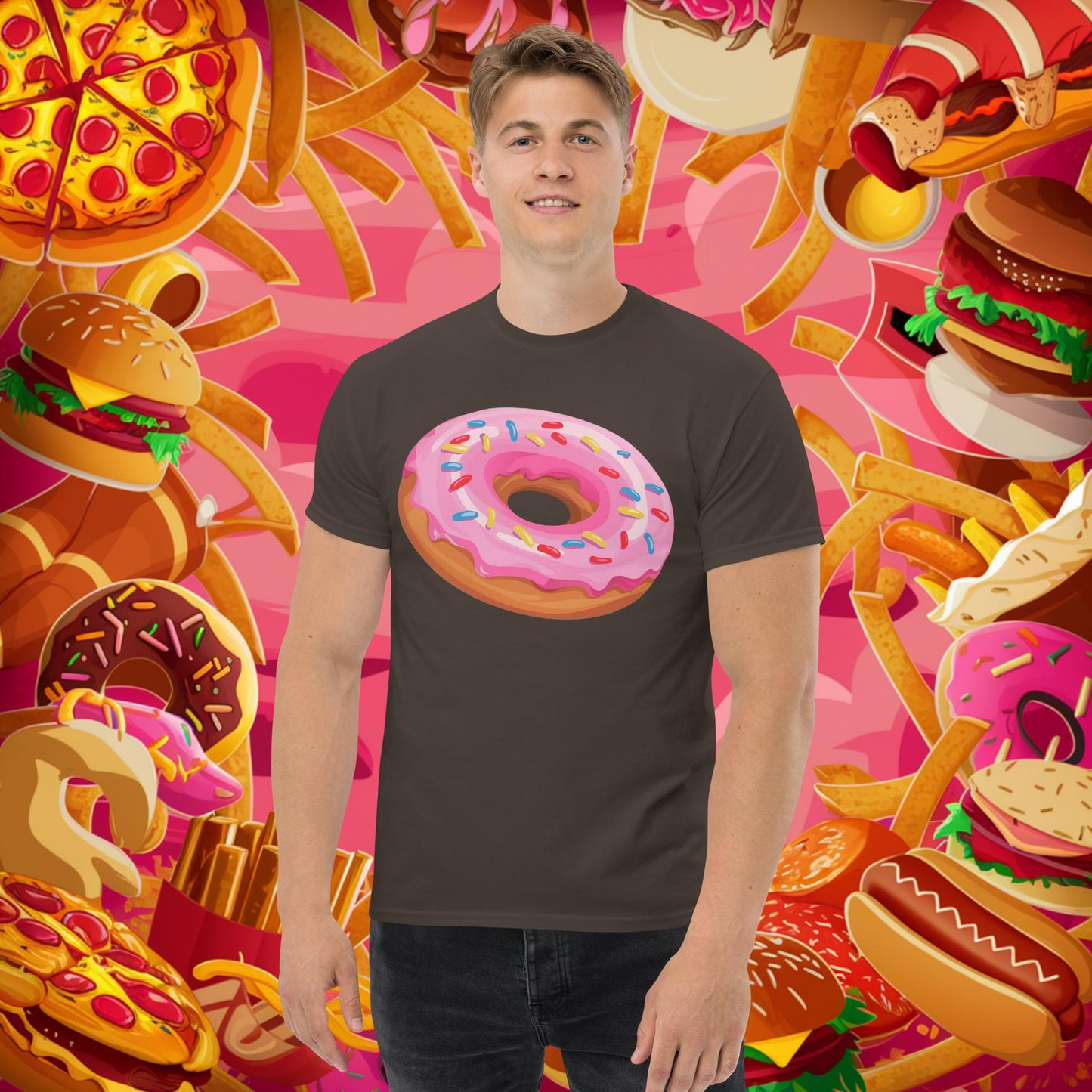Pink Donut with sprinkles tee Dark Chocolate T-shirts Donuts Fast Food Next Cult Brand