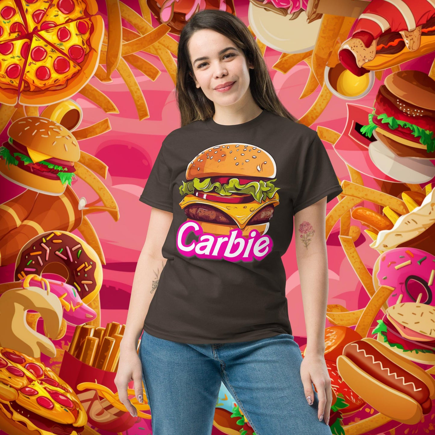 Carbie Barbie Cheeseburger tee Dark Chocolate T-shirts Barbie Burgers Carbie Fast Food Movies Next Cult Brand