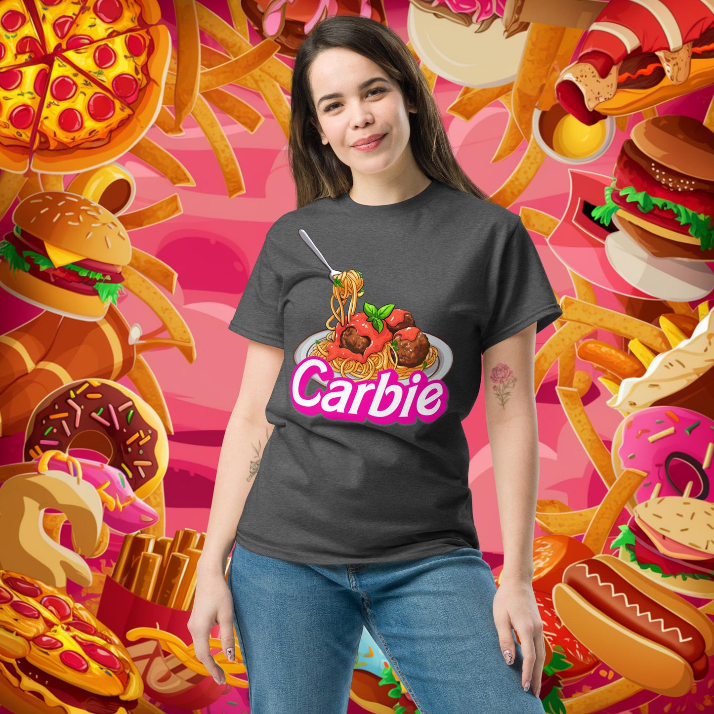Carbie Barbie I Love Pasta I Love Carbs tee Dark Heather T-shirts Barbie Carbie Fast Food Fitness Gym Ken Movies Pump Cover Workout Next Cult Brand