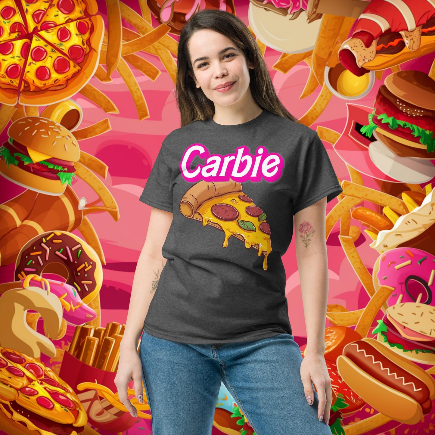 Carbie Barbie I Love Carbs I Love Pizza tee Dark Heather T-shirts Barbie Carbie Fast Food Ken Movies Pizza Next Cult Brand