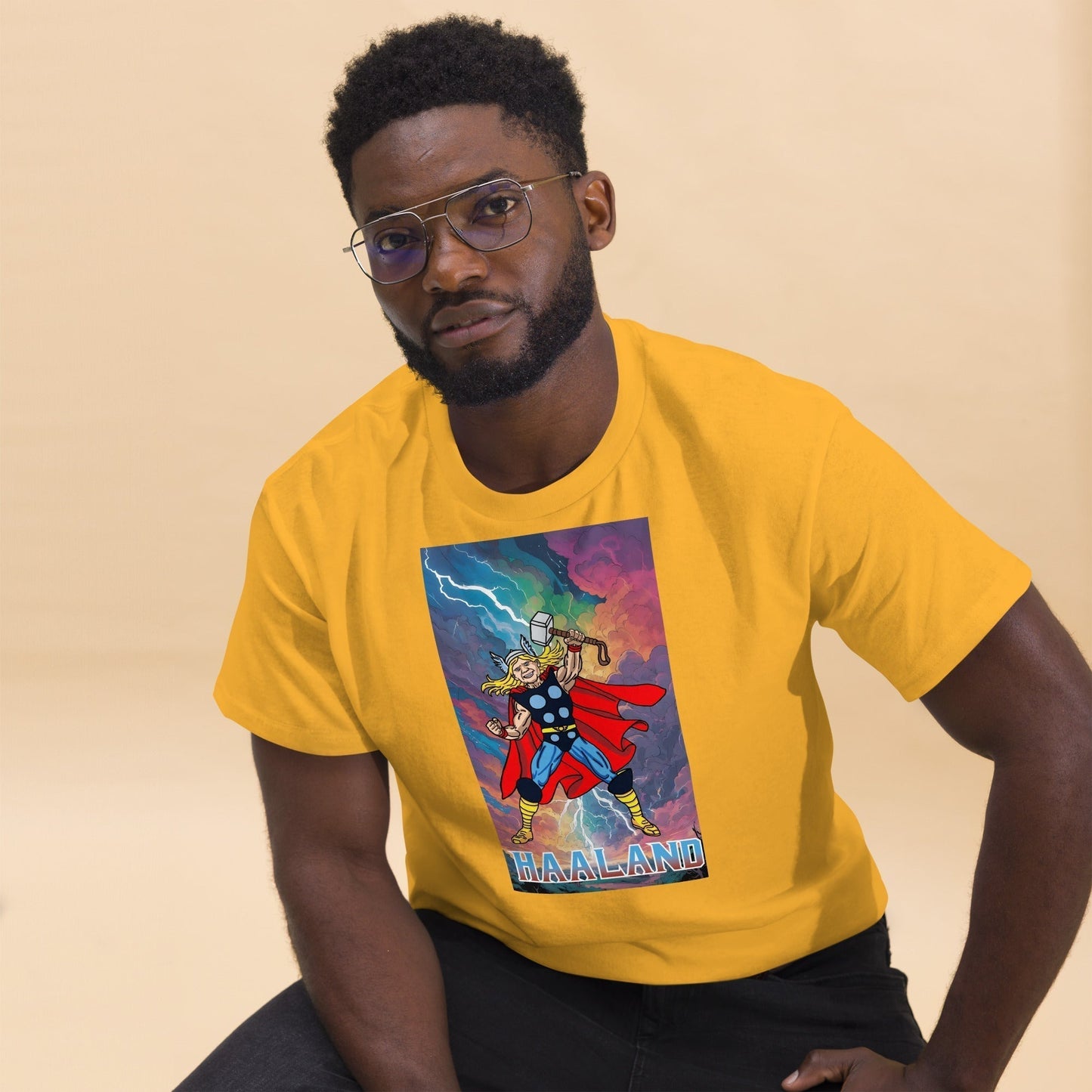 Erling Haaland Thor Avenger Manchester City Funny Football/ Soccer Meme Men's classic tee Gold T-shirts Erling Haaland Football Manchester City Thor Next Cult Brand