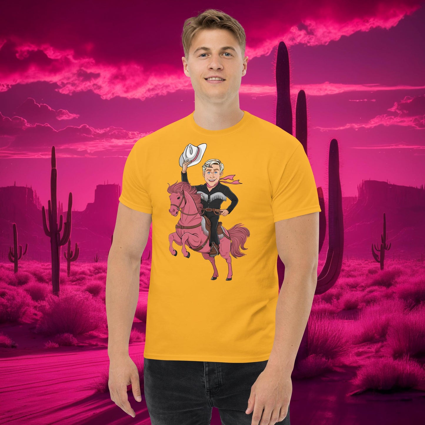 Ryan Gosling Ken Cowboy Horse Barbie Movie Patriarchy tee Gold T-shirts Barbie Celebrities Ken Movies Ryan Gosling Next Cult Brand
