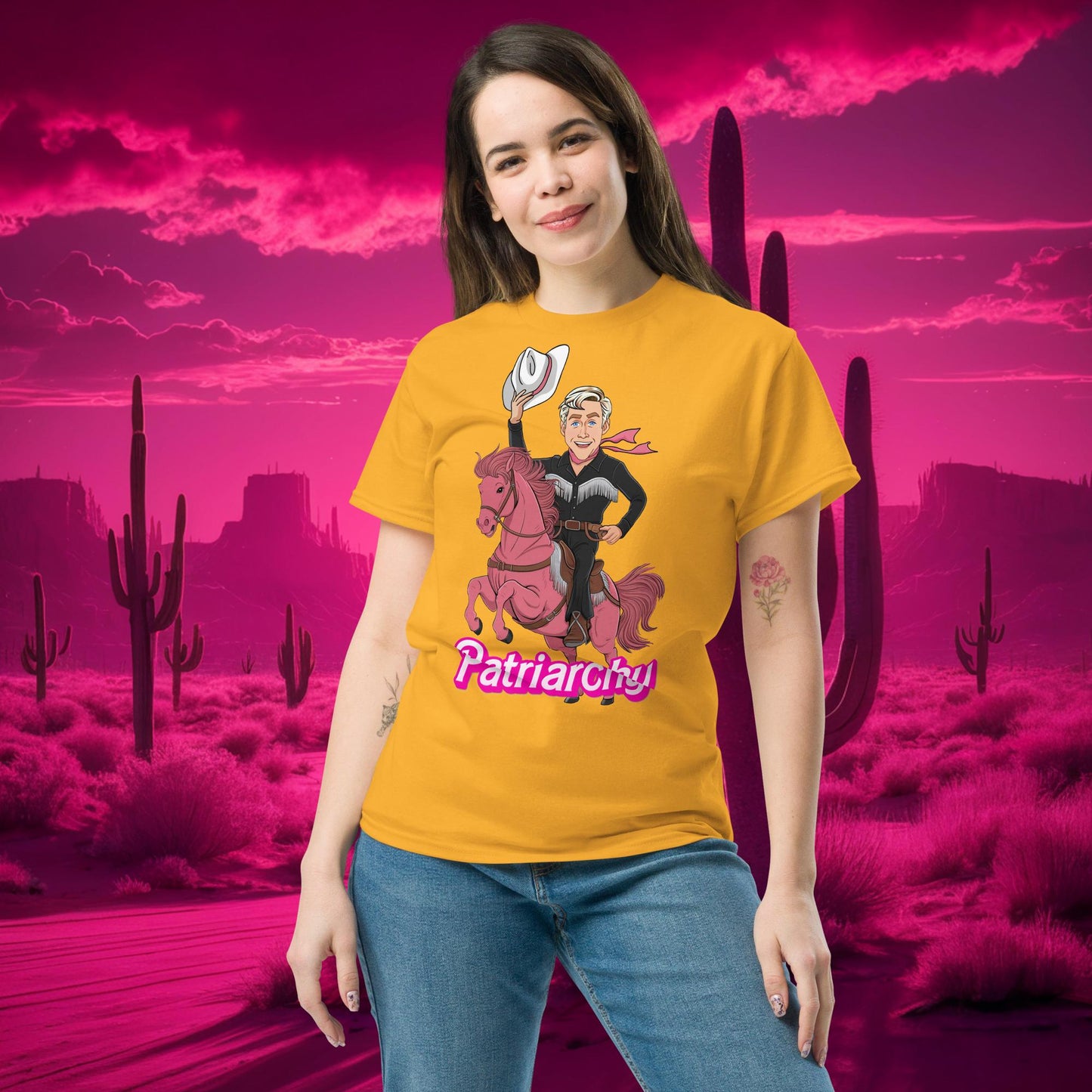 Ken Barbie Movie When I found out the patriarchy wasn't just about horses, I lost interest tee Gold T-shirts Barbie Celebrities Ken Movies Ryan Gosling Next Cult Brand