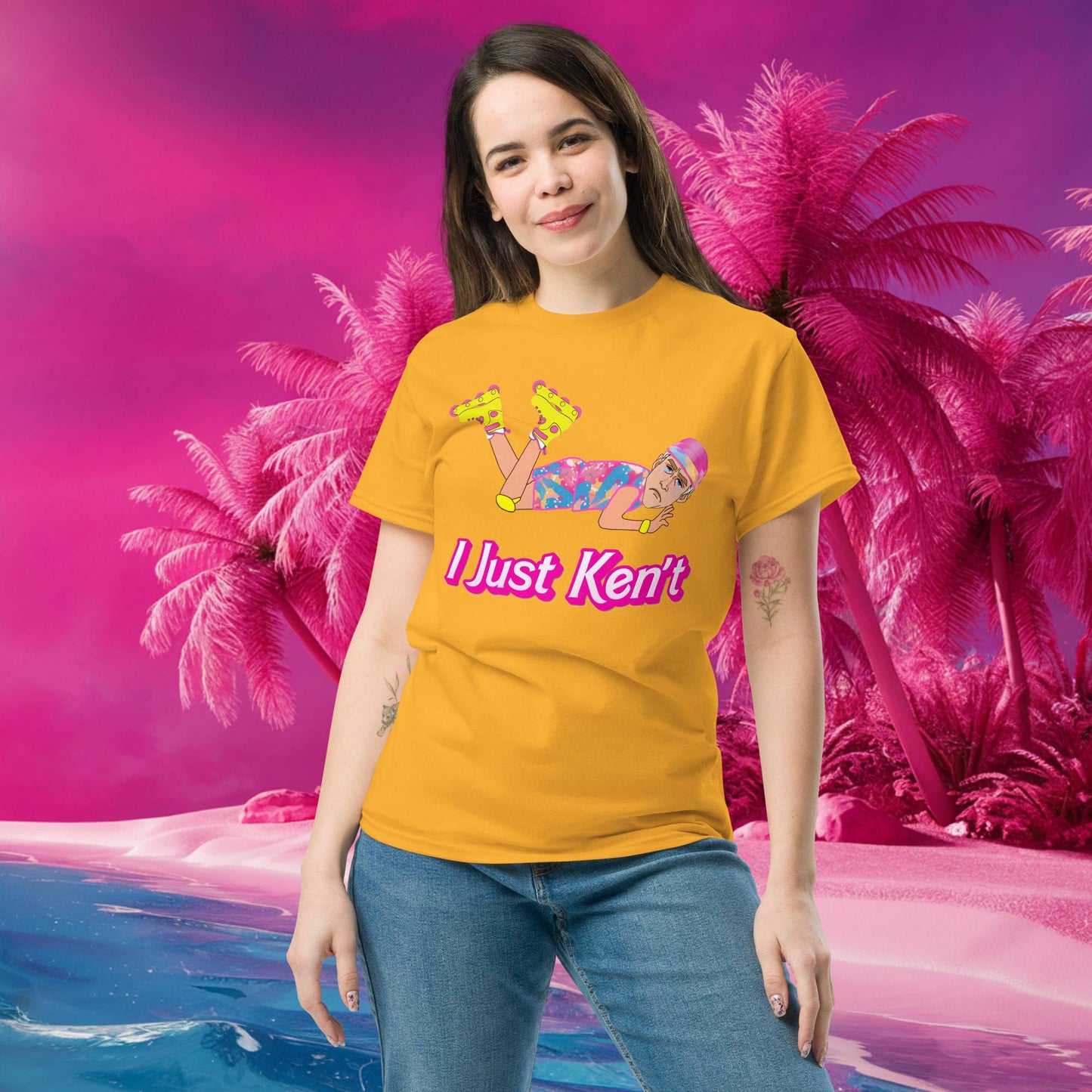 I Just Ken't I just Can't Ryan Gosling Ken Barbie Movie tee Gold T-shirts Barbie Celebrities Ken Movies Ryan Gosling Next Cult Brand