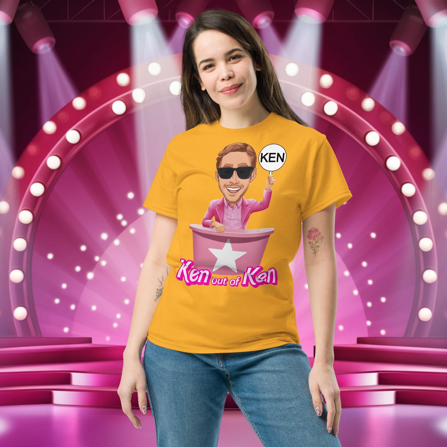 Ken out of Ken Ryan Gosling Barbie Movie tee Gold T-shirts Barbie Celebrities Ken Movies Ryan Gosling Next Cult Brand
