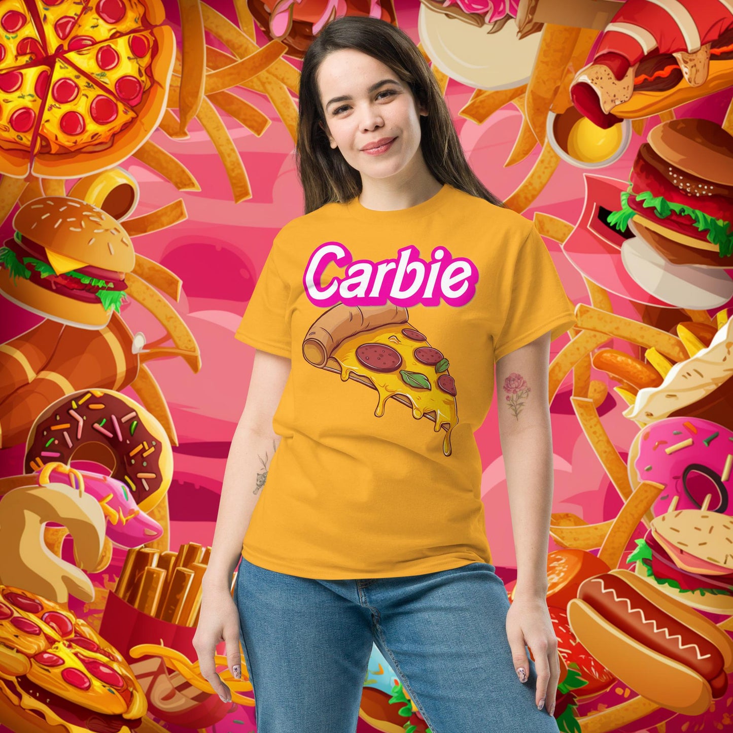 Carbie Barbie I Love Carbs I Love Pizza tee Gold T-shirts Barbie Carbie Fast Food Ken Movies Pizza Next Cult Brand