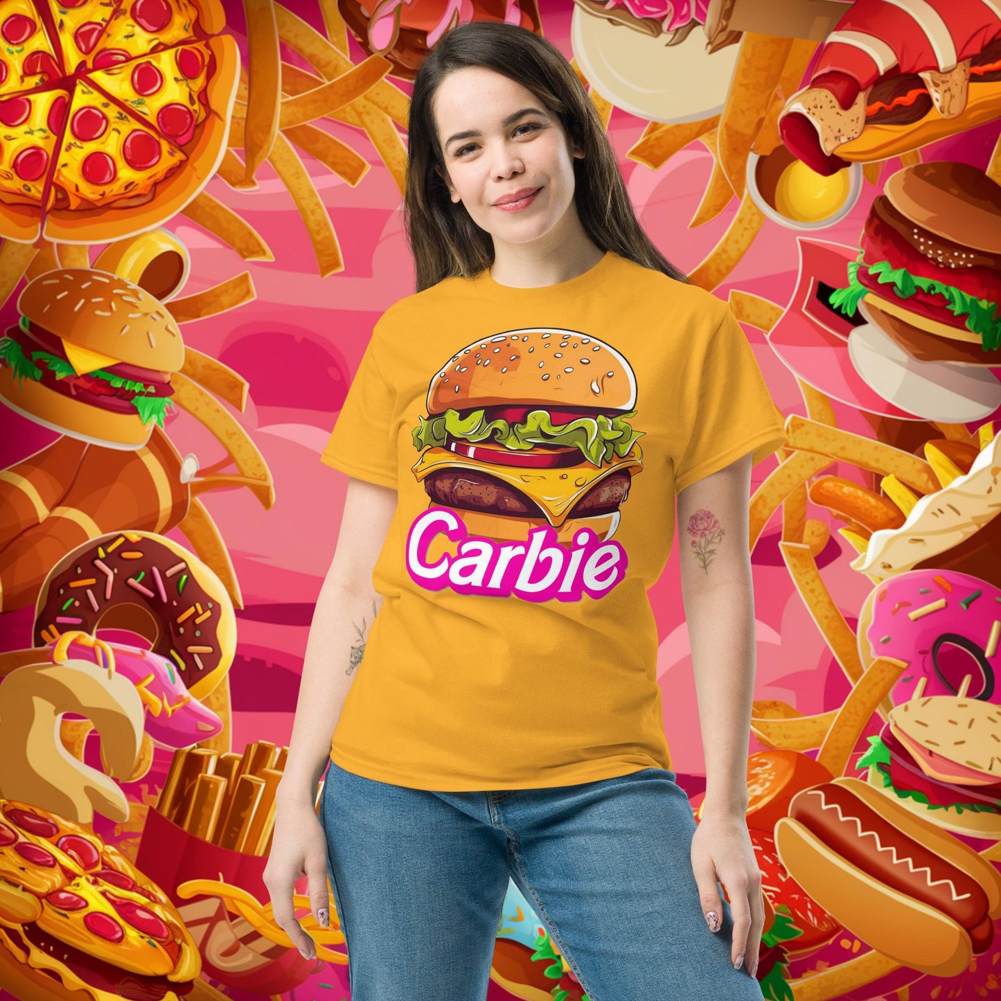 Carbie Barbie Cheeseburger tee Gold T-shirts Barbie Burgers Carbie Fast Food Movies Next Cult Brand