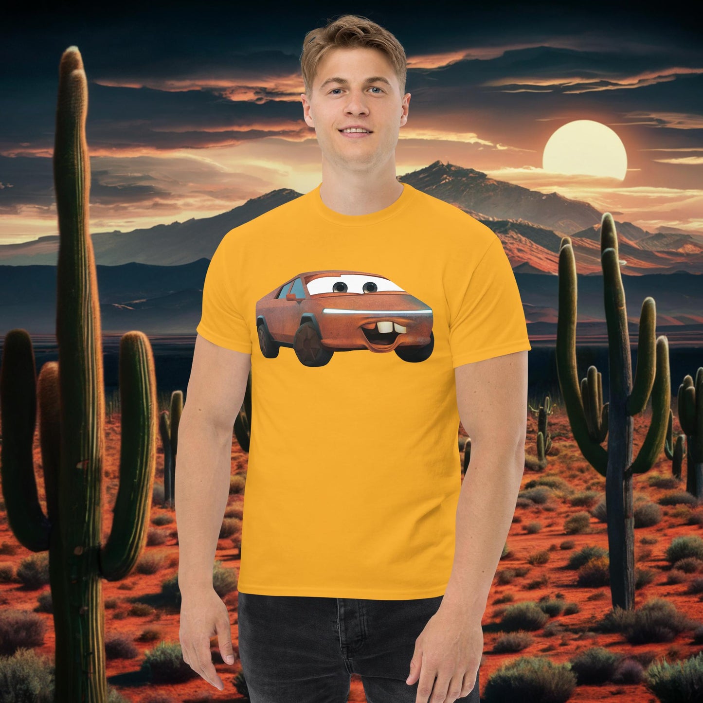 Rusty Tesla Cybertruck Elon Musk Cars Movie Tow Mater tee Gold T-shirts Cars Movie Celebrities Cybertruck Elon Musk Movies Tesla Next Cult Brand