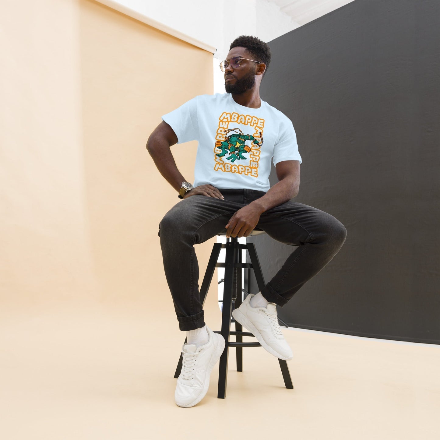 Kylian Mbappe Orange Ninja Turtle Michelangelo Men's classic tee Light Blue T-shirts Football Kylian Mbappe Ninja Turtles PSG Real Madrid Next Cult Brand