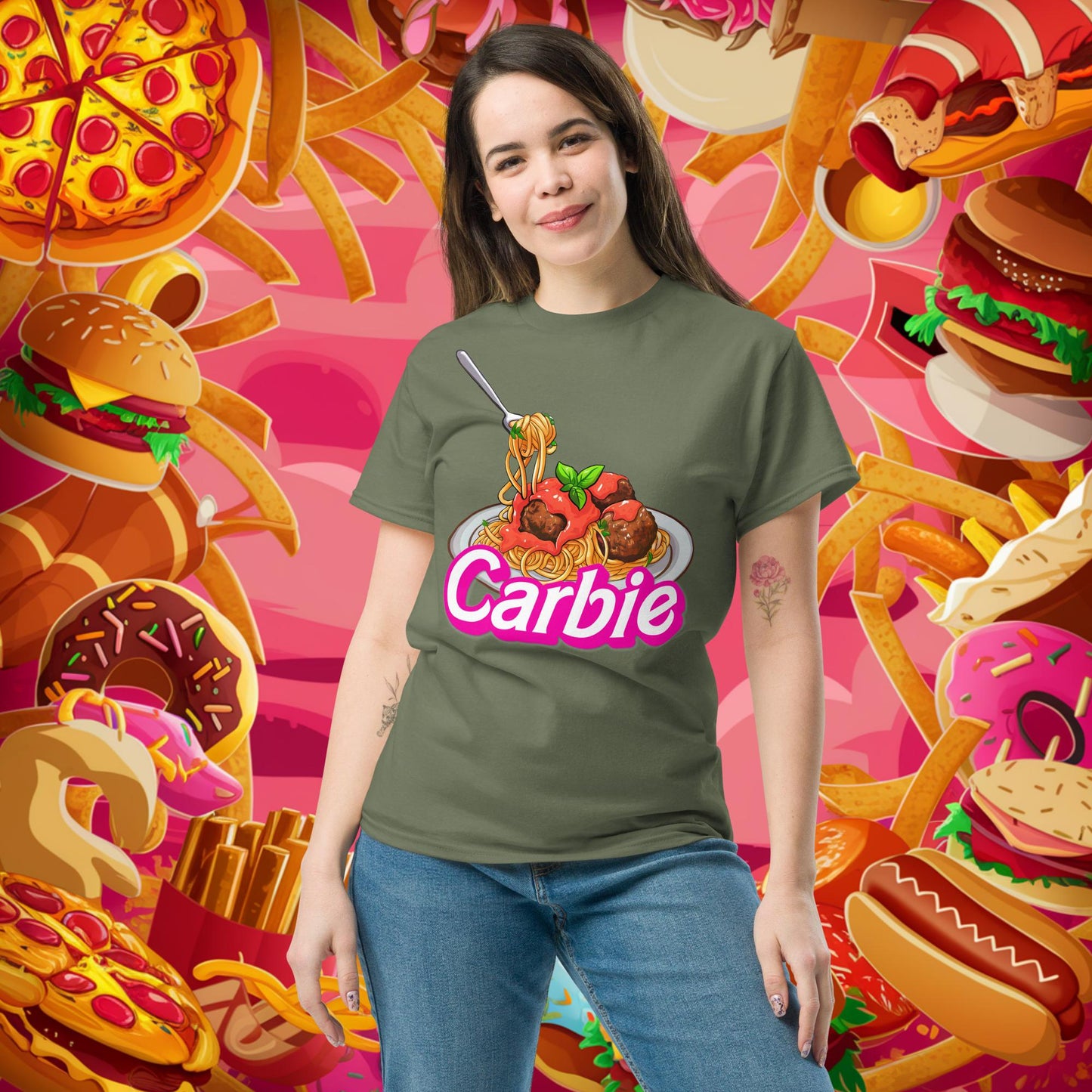 Carbie Barbie I Love Pasta I Love Carbs tee Military Green T-shirts Barbie Carbie Fast Food Fitness Gym Ken Movies Pump Cover Workout Next Cult Brand