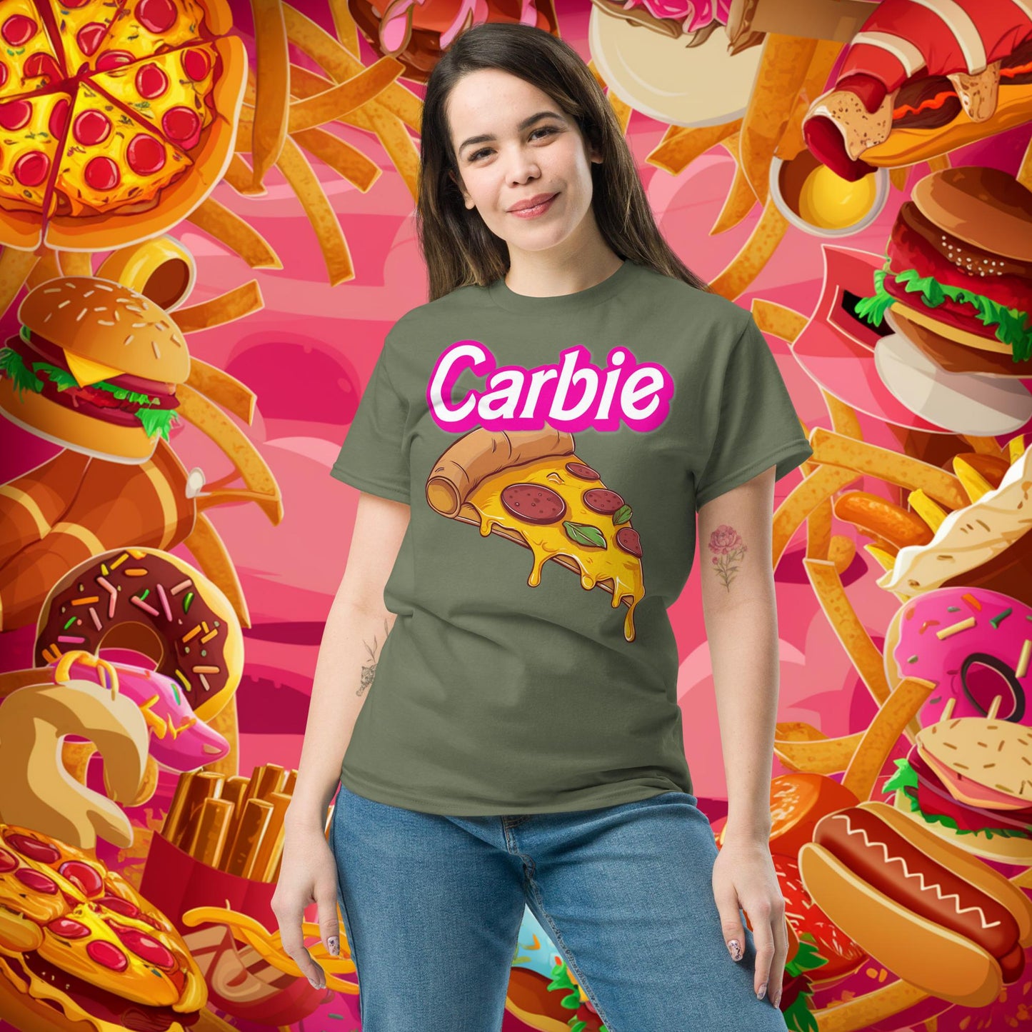 Carbie Barbie I Love Carbs I Love Pizza tee Military Green T-shirts Barbie Carbie Fast Food Ken Movies Pizza Next Cult Brand
