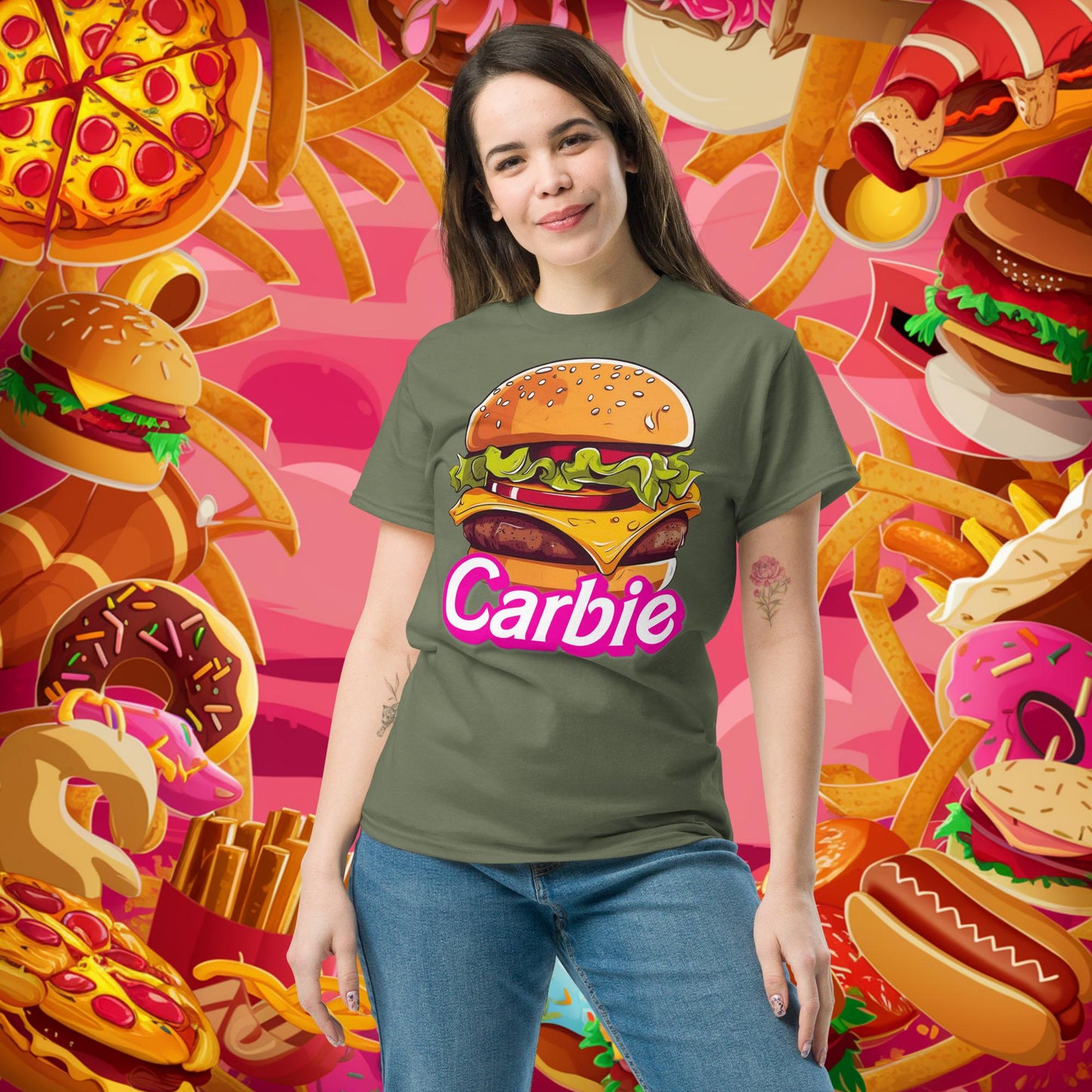 Carbie Barbie Cheeseburger tee Military Green T-shirts Barbie Burgers Carbie Fast Food Movies Next Cult Brand