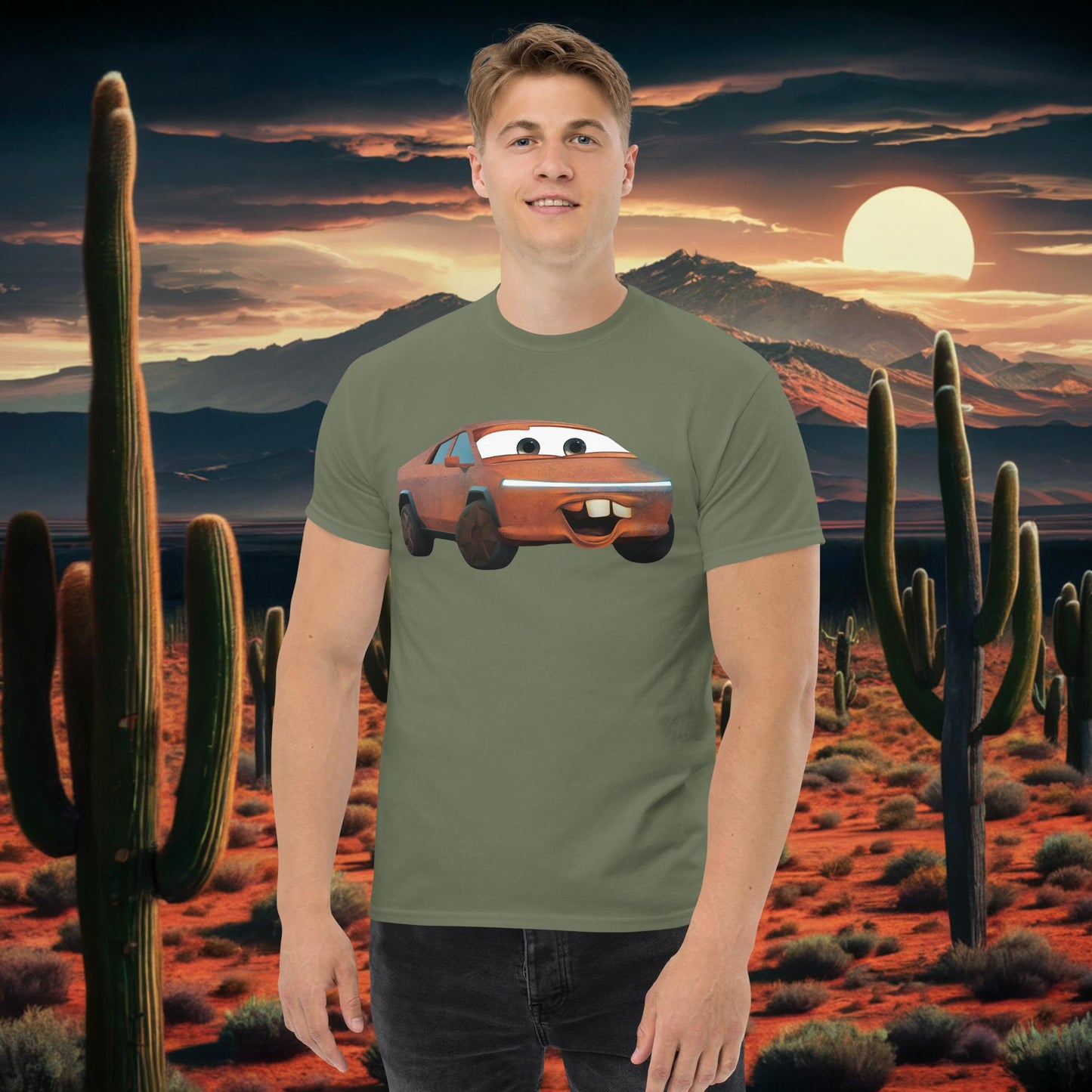 Rusty Tesla Cybertruck Elon Musk Cars Movie Tow Mater tee Military Green T-shirts Cars Movie Celebrities Cybertruck Elon Musk Movies Tesla Next Cult Brand
