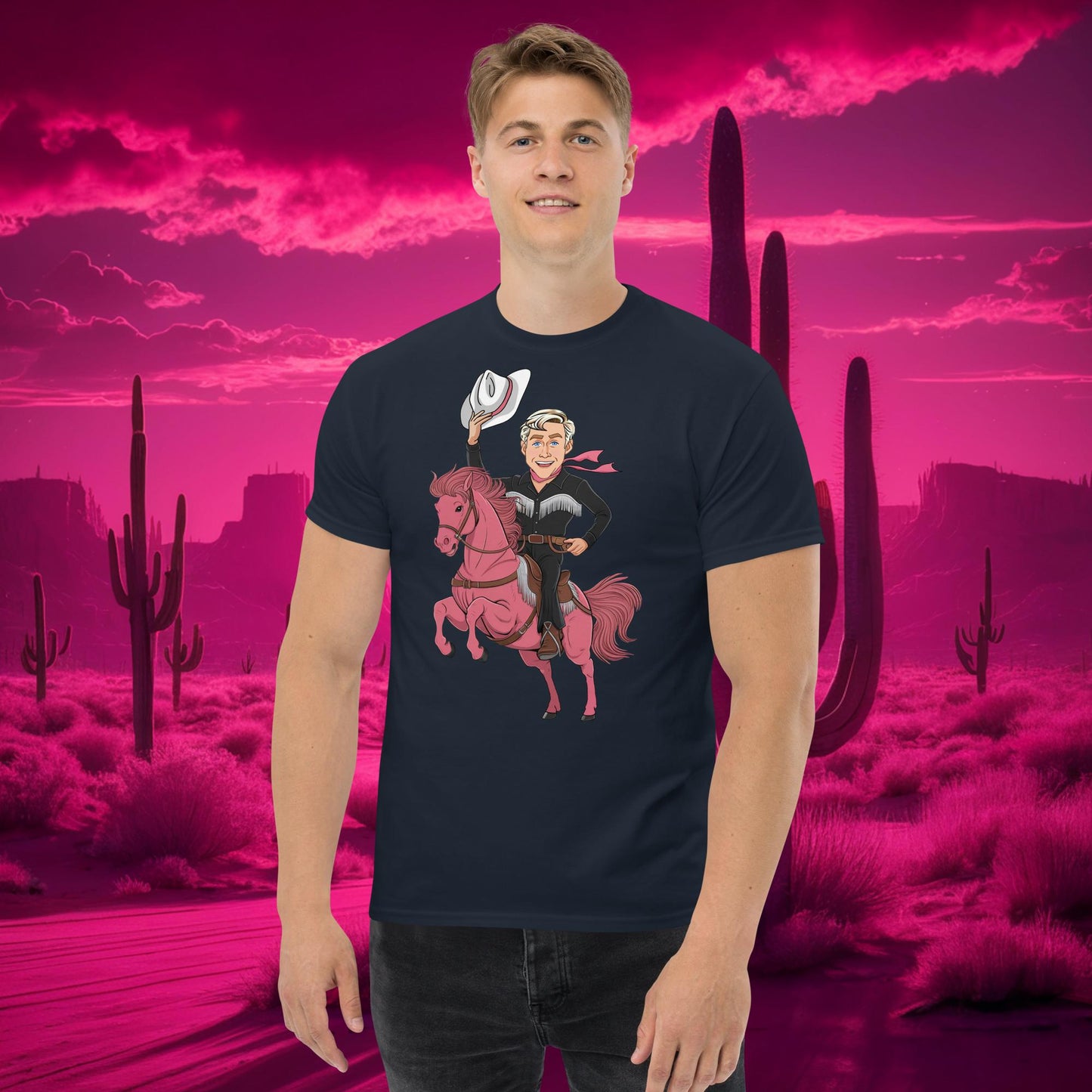 Ryan Gosling Ken Cowboy Horse Barbie Movie Patriarchy tee Navy T-shirts Barbie Celebrities Ken Movies Ryan Gosling Next Cult Brand