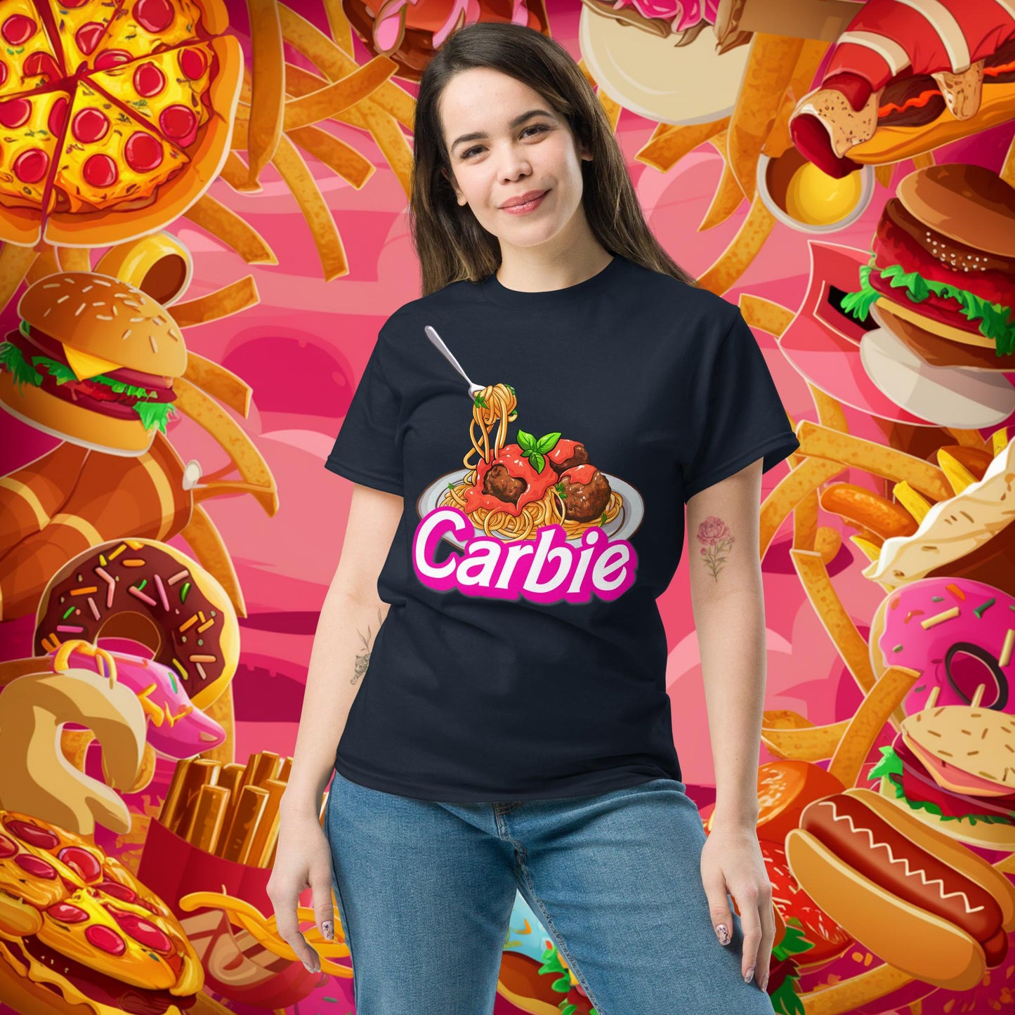 Carbie Barbie I Love Pasta I Love Carbs tee Navy T-shirts Barbie Carbie Fast Food Fitness Gym Ken Movies Pump Cover Workout Next Cult Brand