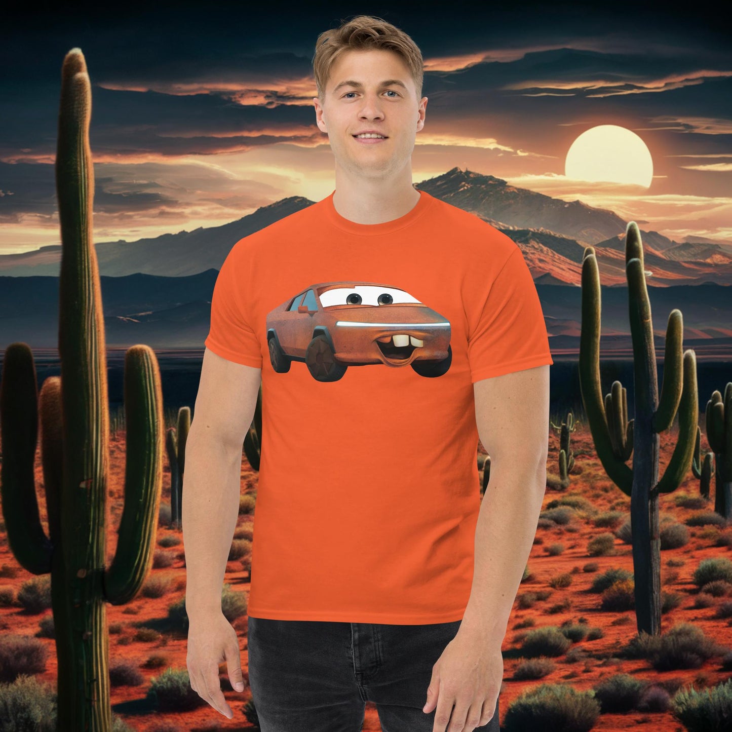Rusty Tesla Cybertruck Elon Musk Cars Movie Tow Mater tee Orange T-shirts Cars Movie Celebrities Cybertruck Elon Musk Movies Tesla Next Cult Brand