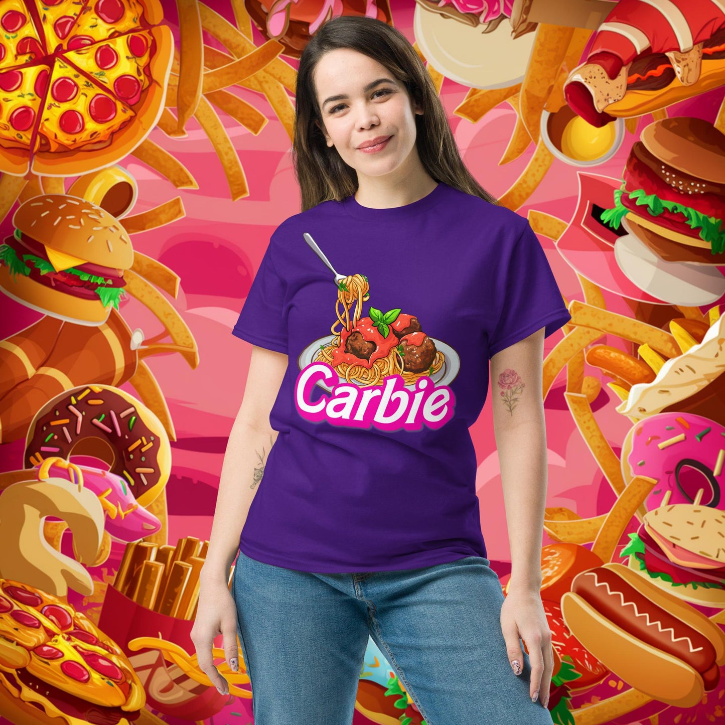 Carbie Barbie I Love Pasta I Love Carbs tee Purple T-shirts Barbie Carbie Fast Food Fitness Gym Ken Movies Pump Cover Workout Next Cult Brand