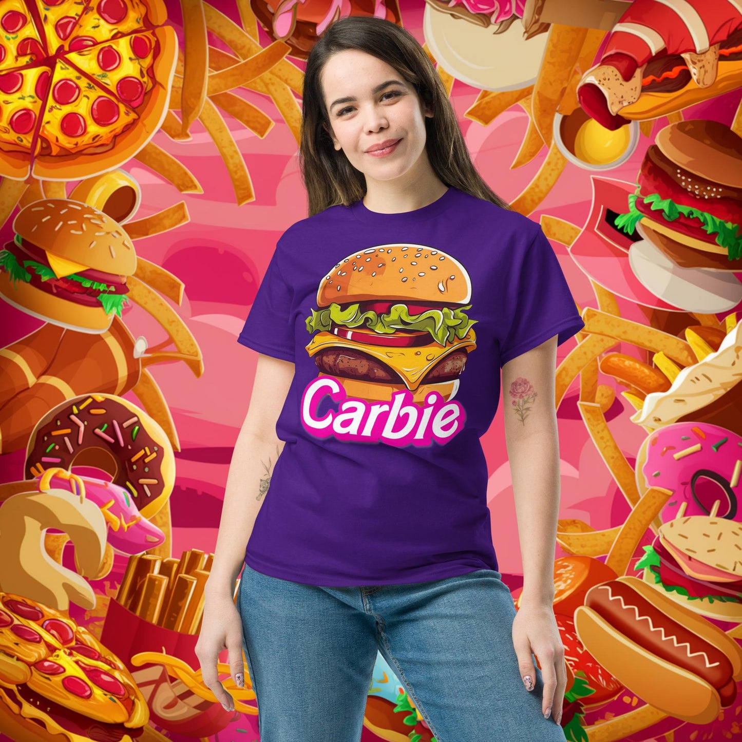 Carbie Barbie Cheeseburger tee Purple T-shirts Barbie Burgers Carbie Fast Food Movies Next Cult Brand